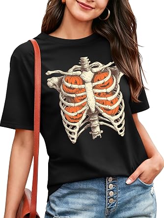 Dancing Skeleton Shirt for Women Happy Halloween T-Shirt Short Sleeve