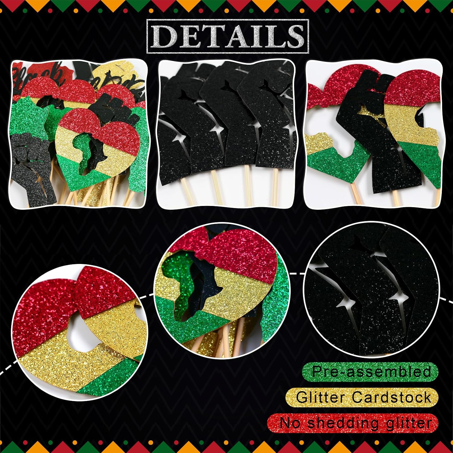 Qttier 24Pcs Black History Month Cupcake Toppers, Pre-assembled Black History Month Cupcake Picks for African American, History Month Party Decorations, Glitter