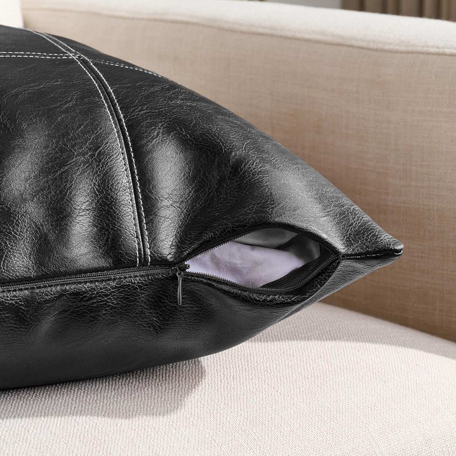 Fancy Homi 2 Packs Black Plaid Faux Leather Decorative Throw Pillow Covers 16x16 Inch for Couch Bed Sofa, Rustic Modern Farmhouse Boho Home Decor, Hand Stitched Square Cushion Case 40x40 cm