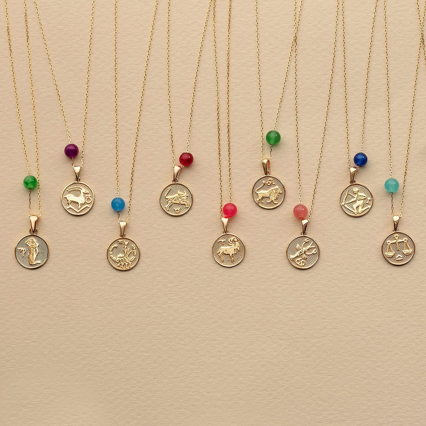 GELIN 14Kゴールド星座コインネックレス|14Kソリッドゴールド占星術サインネックレス|女性用