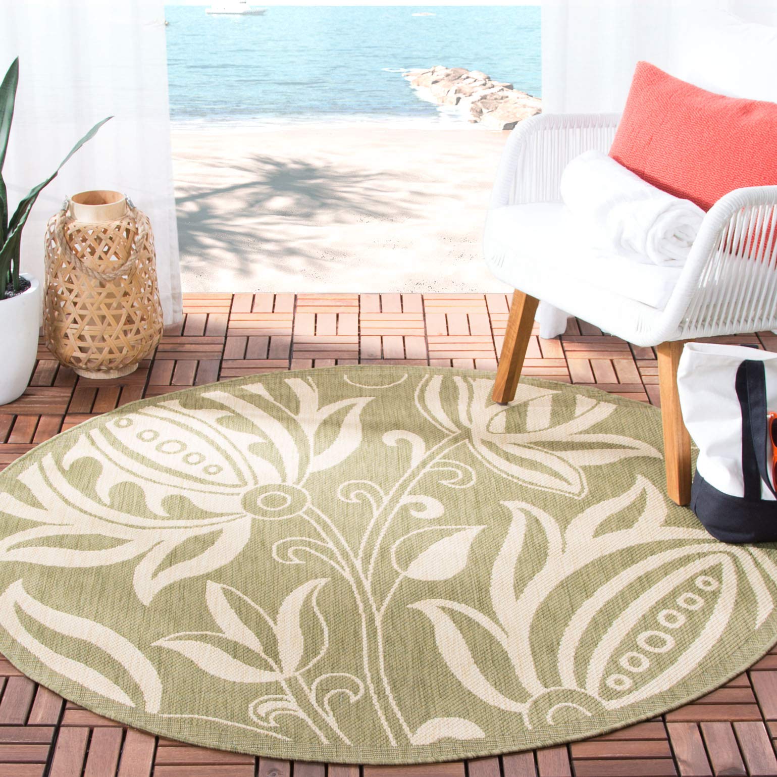 SAFAVIEH Courtyard Collection 5'3" Round Olive / Natural CY2961 Floral Indoor/ Outdoor Waterproof Easy-Cleaning Patio Backyard Mudroom Area-Rug