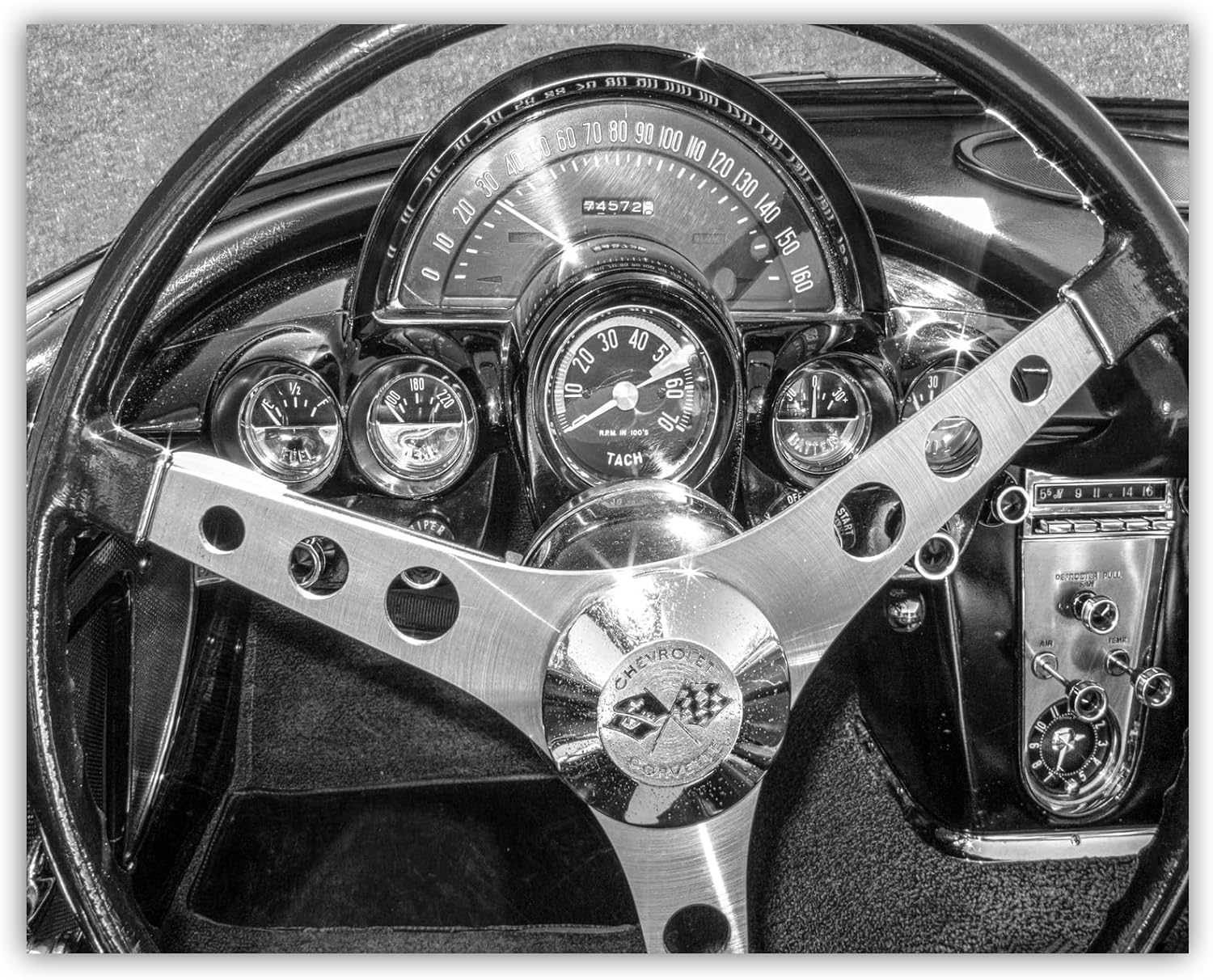 Corvette Car Art Print in Black and White with Steering Wheel and Dashboard of Car Interior