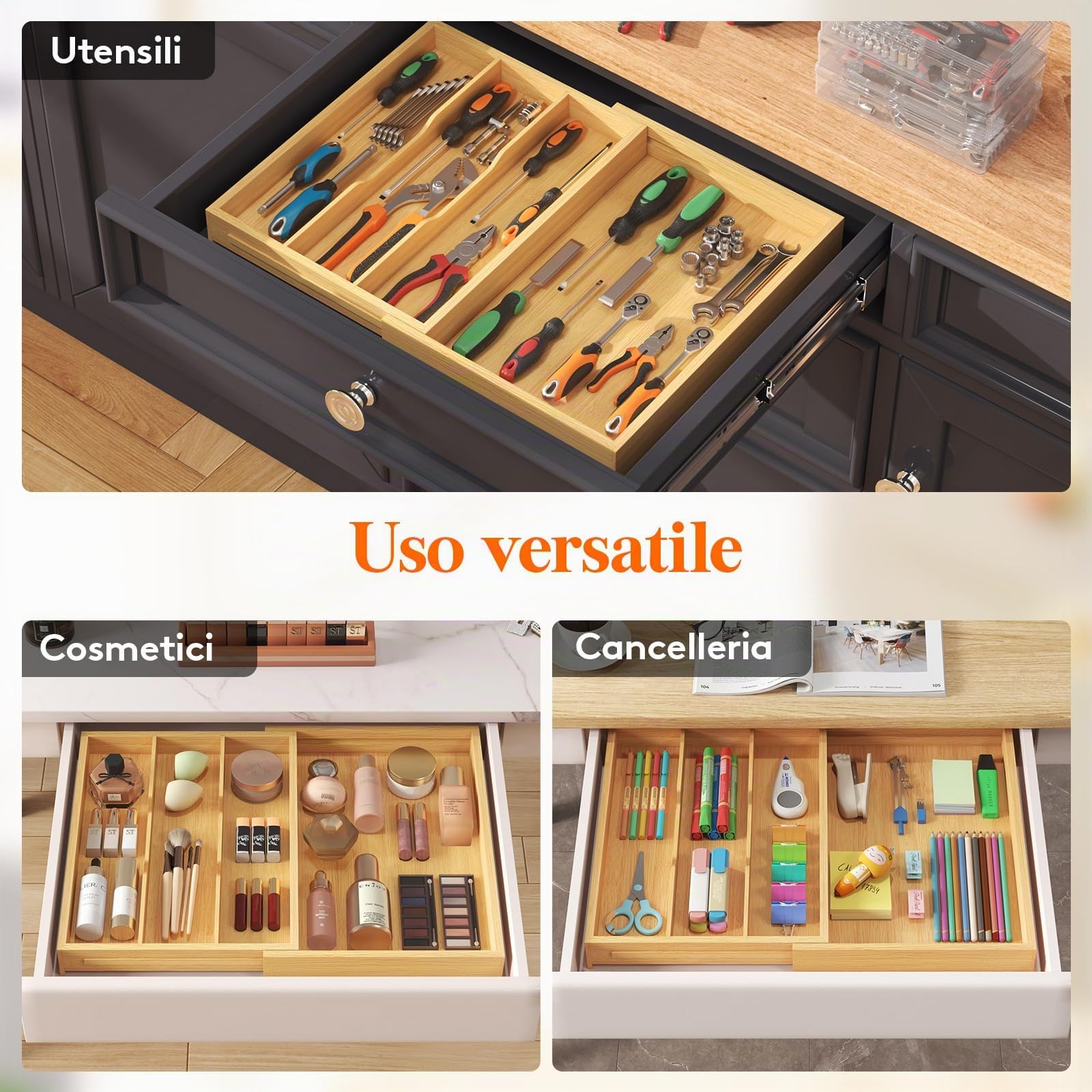 Lifewit Portaposate da Cassetto Espandibile da 3 a 4 Scomparti, Organizer Posate da Cassetto, Organizer Cucina in Bambù per Posate, Divisorio per Cassetti, Forchette, Coltelli, Cucchiai, Naturale