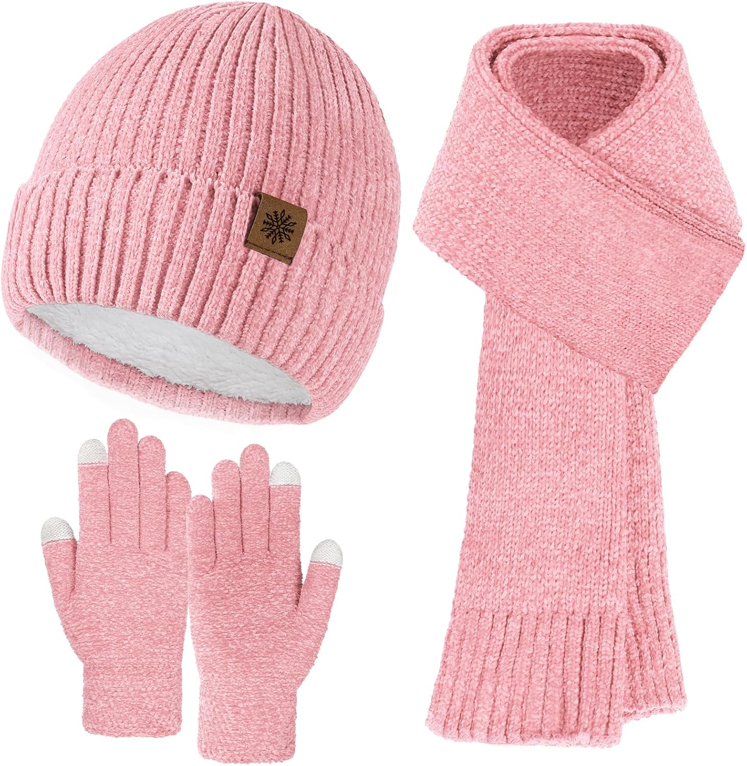 Pleneal Winter Chenille Hat Gloves Scarf Set for Women Men Warm Beanie Hats Touchscreen Gloves Thick Soft Scarf