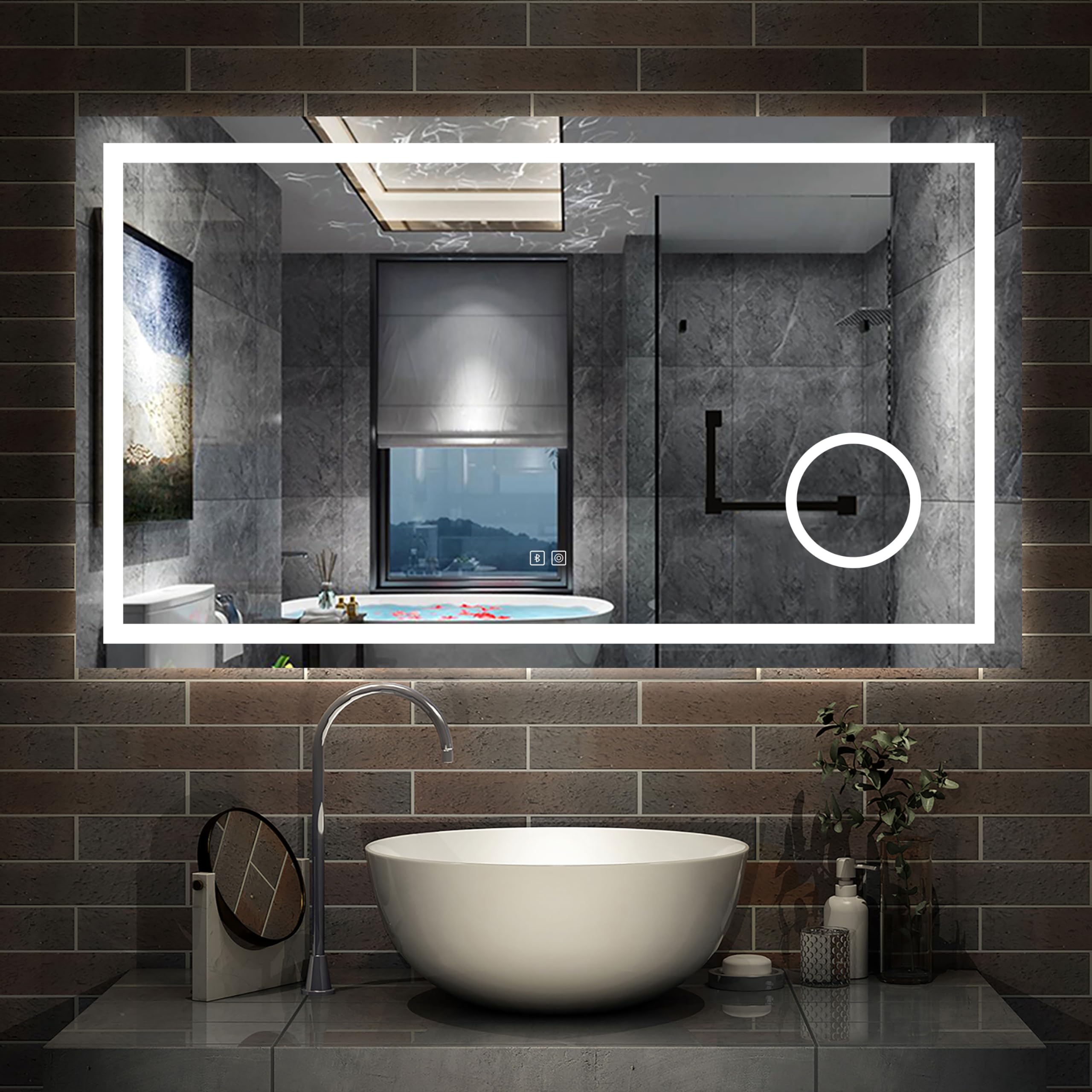 Grand miroir connecté Bluetooth pour salle de bain moderne avec éclairage réglable tactile