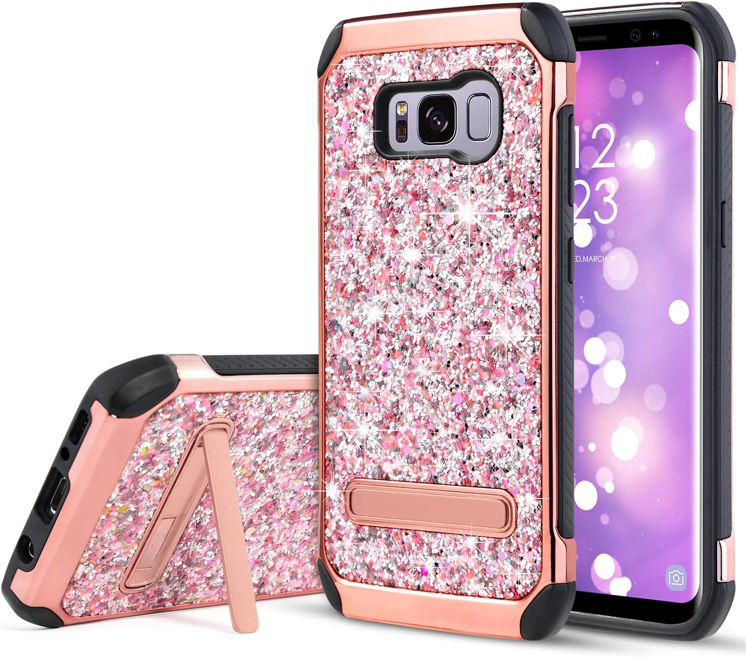 Phone Case for Samsung Galaxy S8, Glitter Bling Rugged Shockproof Dirt-Proof Stand Hybrid Slim Sparkly Shiny Faux Leather Chrome Hard Case Cover, Rose Gold