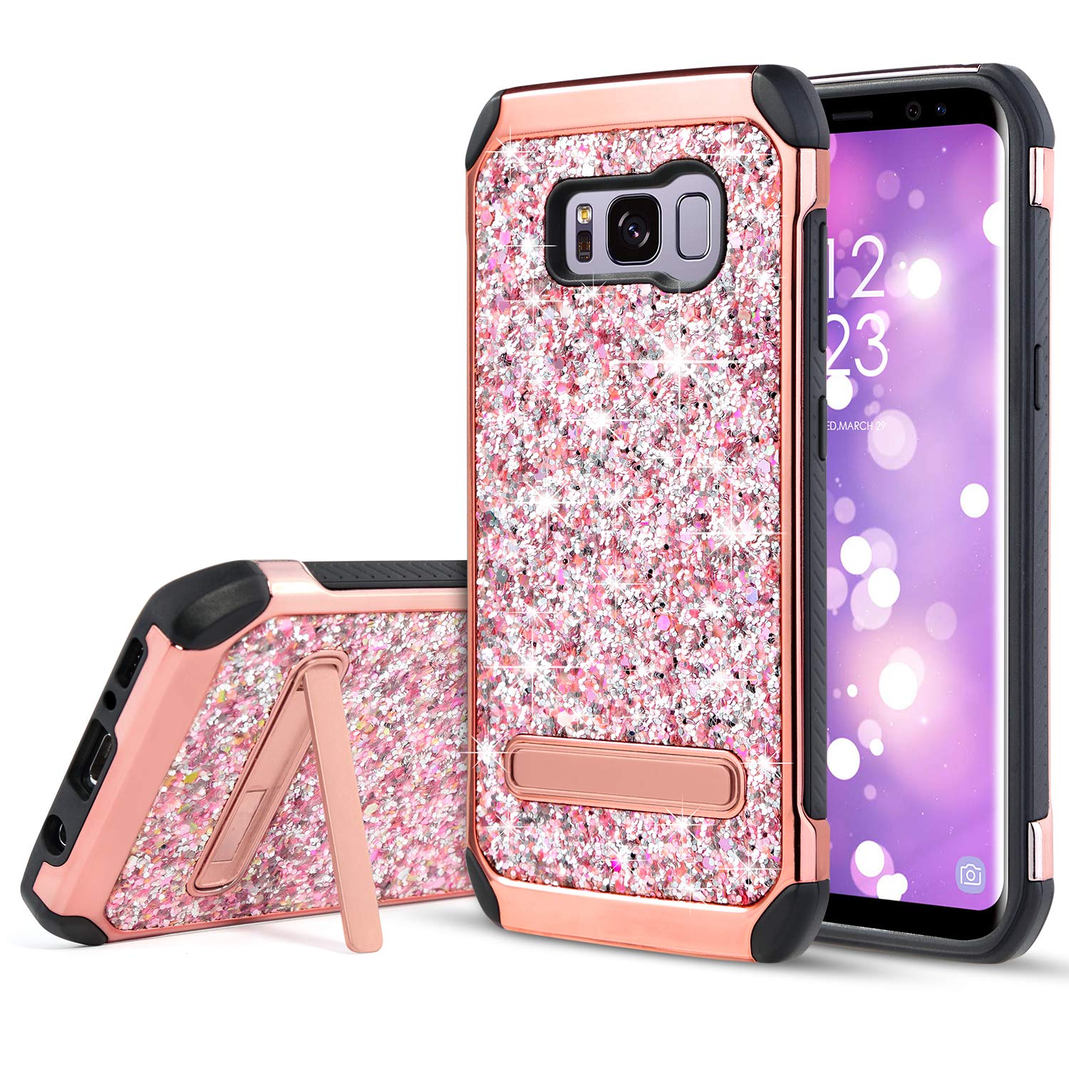 Phone Case for Samsung Galaxy S8, Glitter Bling Rugged Shockproof Dirt-Proof Stand Hybrid Slim Sparkly Shiny Faux Leather Chrome Hard Case Cover, Rose Gold