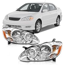 for 2003 2004 2005 2006 2007 2008 Corolla Headlights Assembly for 03-08 Toyota Corolla Chrome Housing Amber Reflector Replacement Driver and Passenger Side PairW/O Bulbs