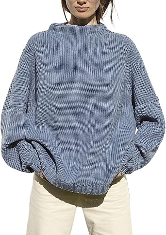 Ugerlov Womens Oversized Sweaters Batwing Sleeve Mock Neck Jumper Tops Chunky Knit Pullover Sweater