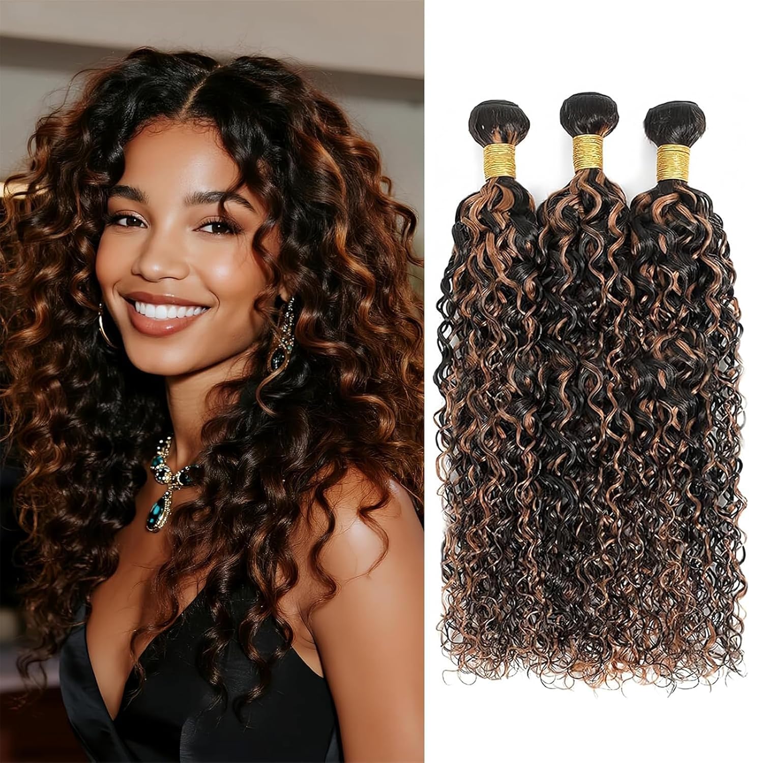 Highlight Bundles Human Hair P1B/30 Highlight Brown Curly Wave Bundles Human Hair 10 12 14 Inch Double Weft Brazilian Virgin Tow Tone Black and Brown Human Hair Extensions