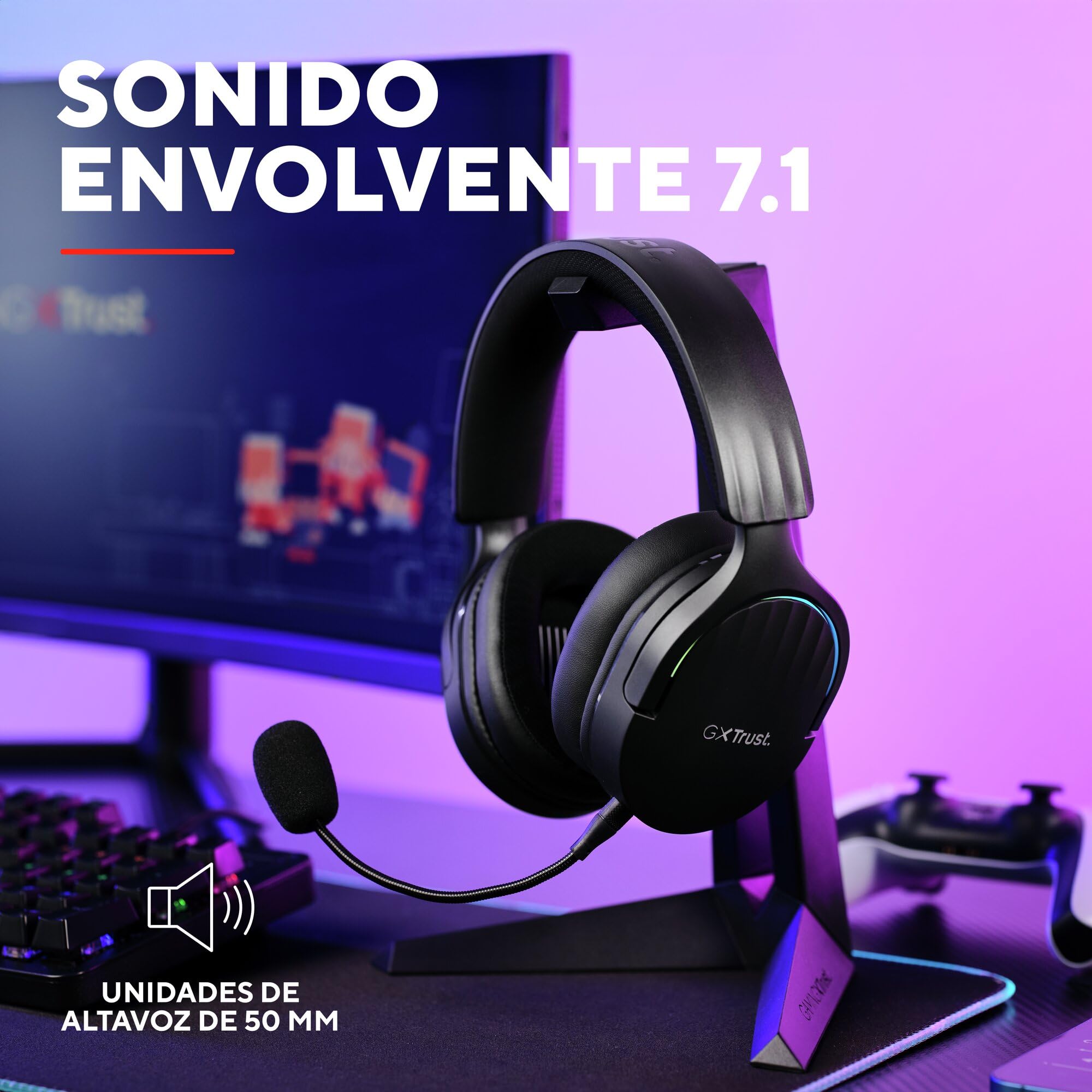 GXTrust 491 Fayzo Cascos Gaming Inalámbricos Bluetooth + 2.4 GHz, 7.1 Sonido Envolvente, Batería de 22 Horas, Auriculares Inalámbricos RGB Over-Ear PC PS5 PS4 Switch - Negro