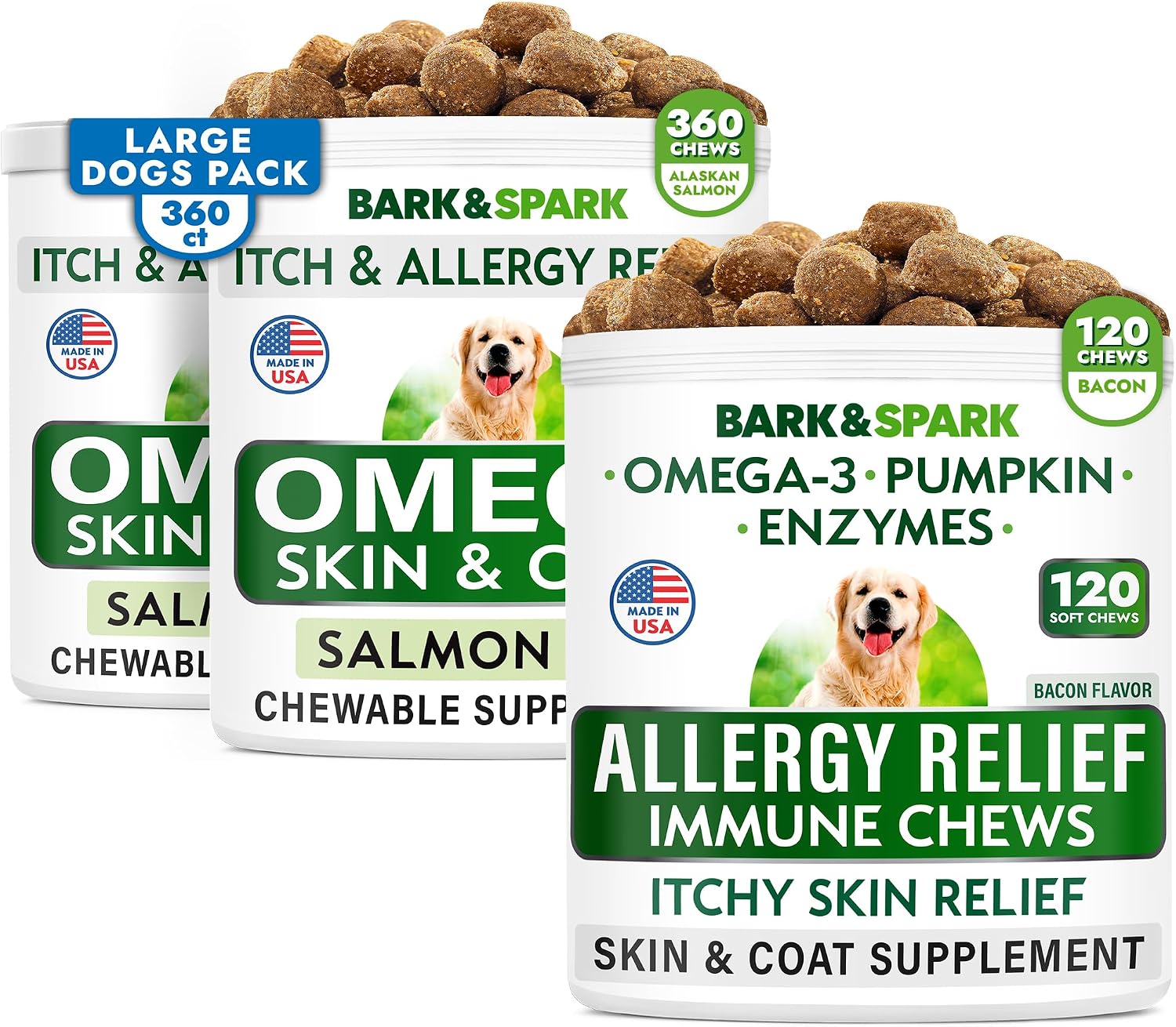 BARK&SPARK Allergy Relief + Omega 3 for Dogs Bundle - Anti-Itch Skin + Skin Allergy - Omega 3 Fish Oil + EPA & DHA Fatty Acids - Itching&Paw Licking + Itch Relief - 480 Chews - Made in USA