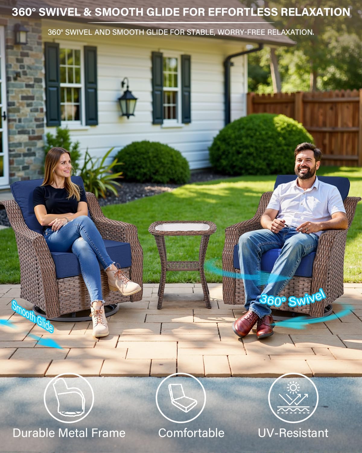 Belord 5 Piece Wicker Patio Furniture Set with Ottoman - High Back Outdoor Swivel Rocker Glider Chairs with Glass Top Side Table,28D High-Density 6" Removable Blue Cushion for Deck Porch Backyard