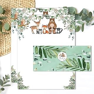JarThenaAMCS Woodland Animal Stationery Letterhead Paper Set Greenery Forest Animal Letter Writing Paper with Envelope Sticker for Birthday Baby Shower Party, 8.5 x 11 Inch, 30Pcs
