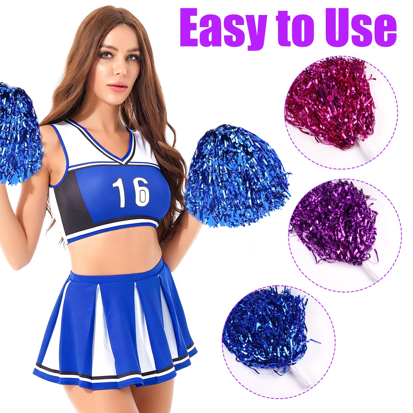 Pompones de Animadora 6 Piezas con Mango Azul/Violeta/Magenta para Eventos Deportivos y Fiestas