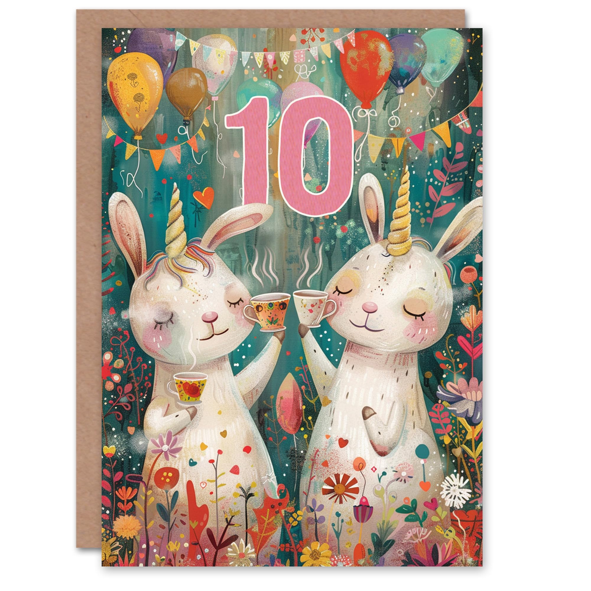 Artery8 Birthday Card Cute Bunny Rabbit Unicorn Balloons Forest Party 10th 10 Year Old For Child Kids Son Daughter Greeting Card