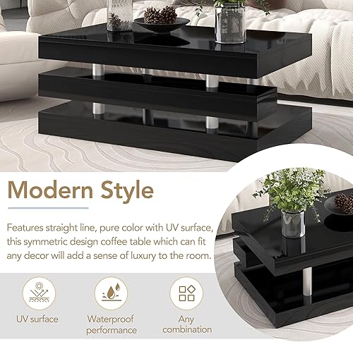 Miniatura 5 de Mesa de centro moderna para sala de estar con patas de metal plateado, mesa de cóctel rectangular de 2 niveles con superficie de alto brillo, mesa