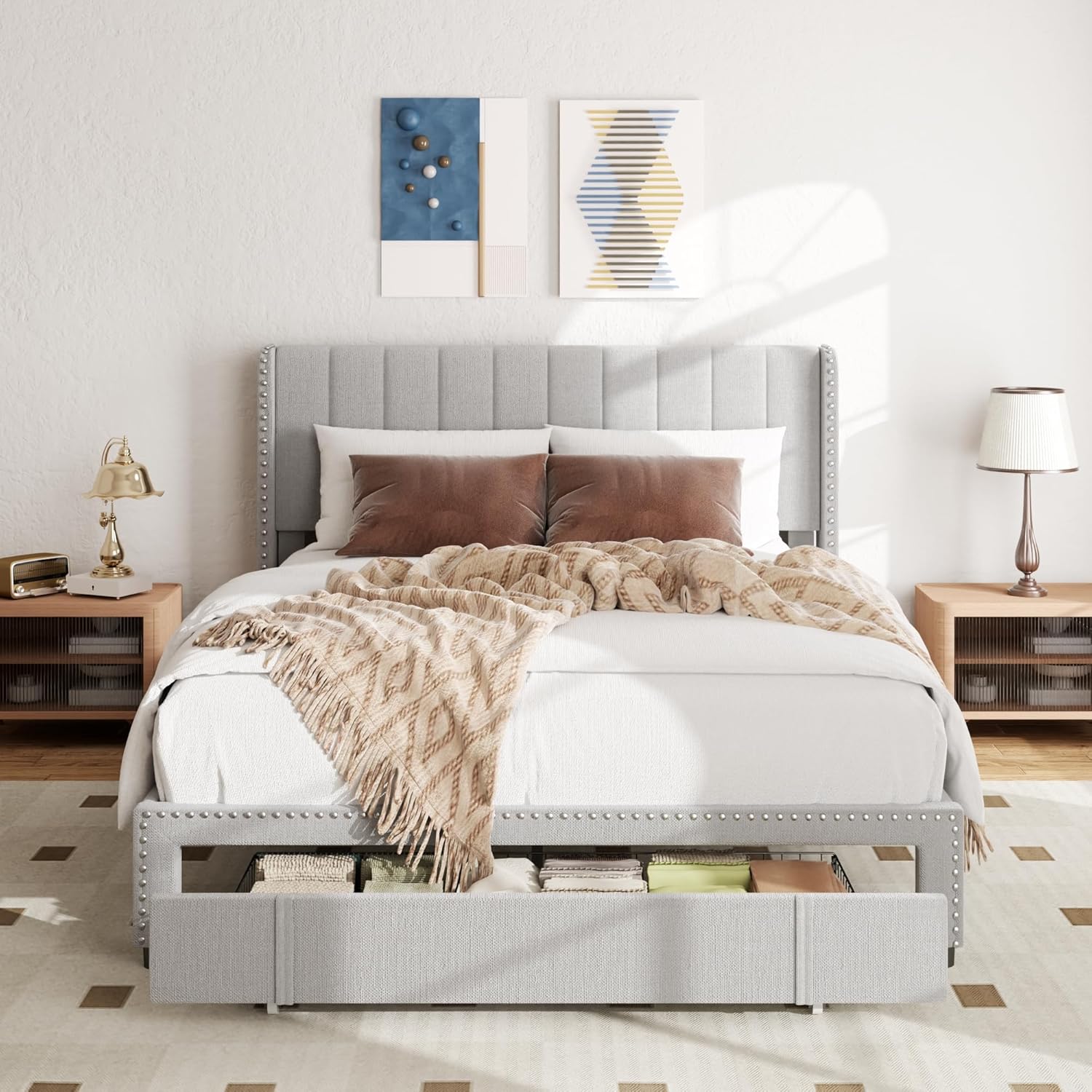 Amazon.com: viplov Queen Size Upholstered Platform Bed Frame with 1 ...