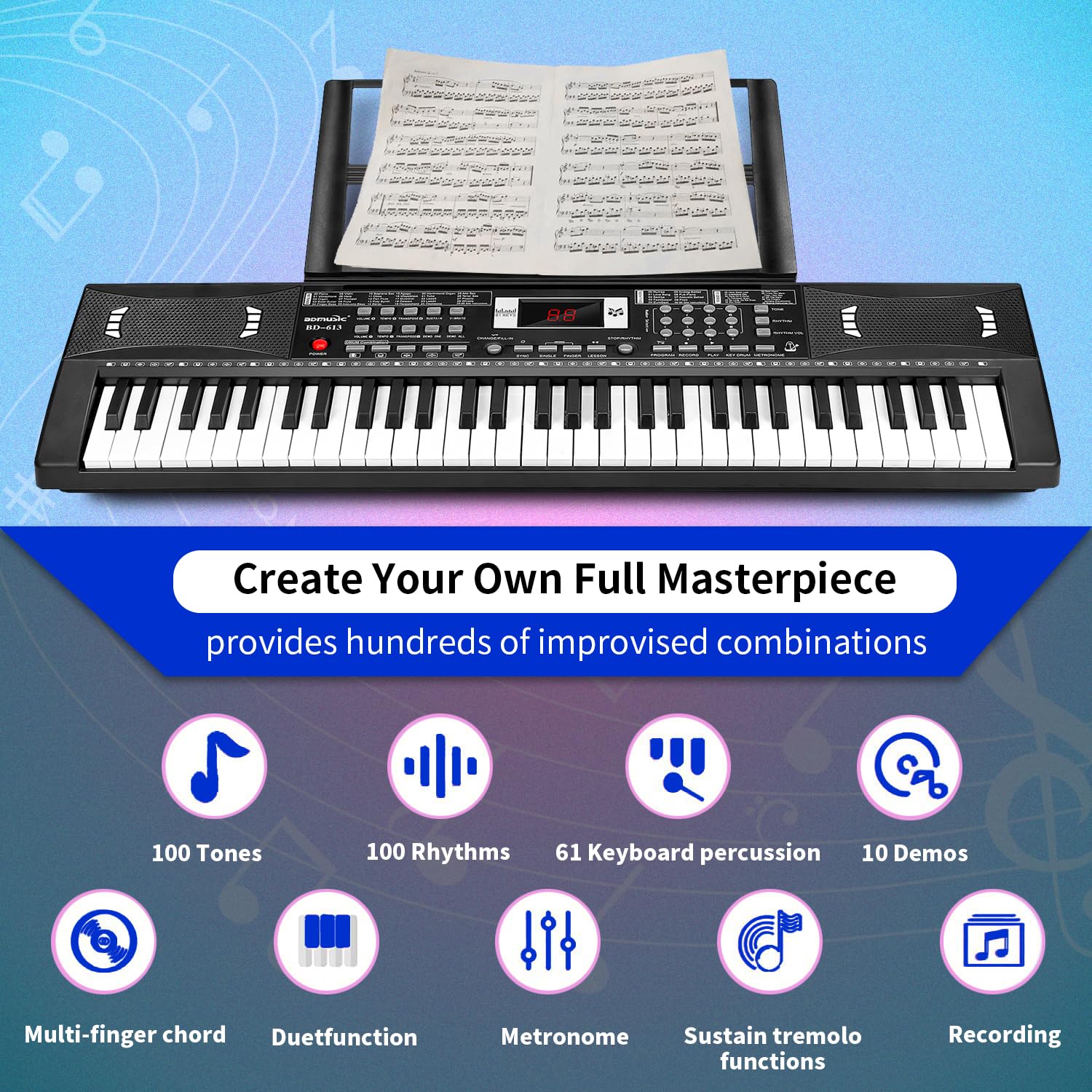 61 Keys Electronic Digital piano, Portable Keyboard Piano with Built-in Speaker and Microphone, Sheet Stand and Power Supply, Keyboard Piano Teaching Gift for Beginners Eelectric