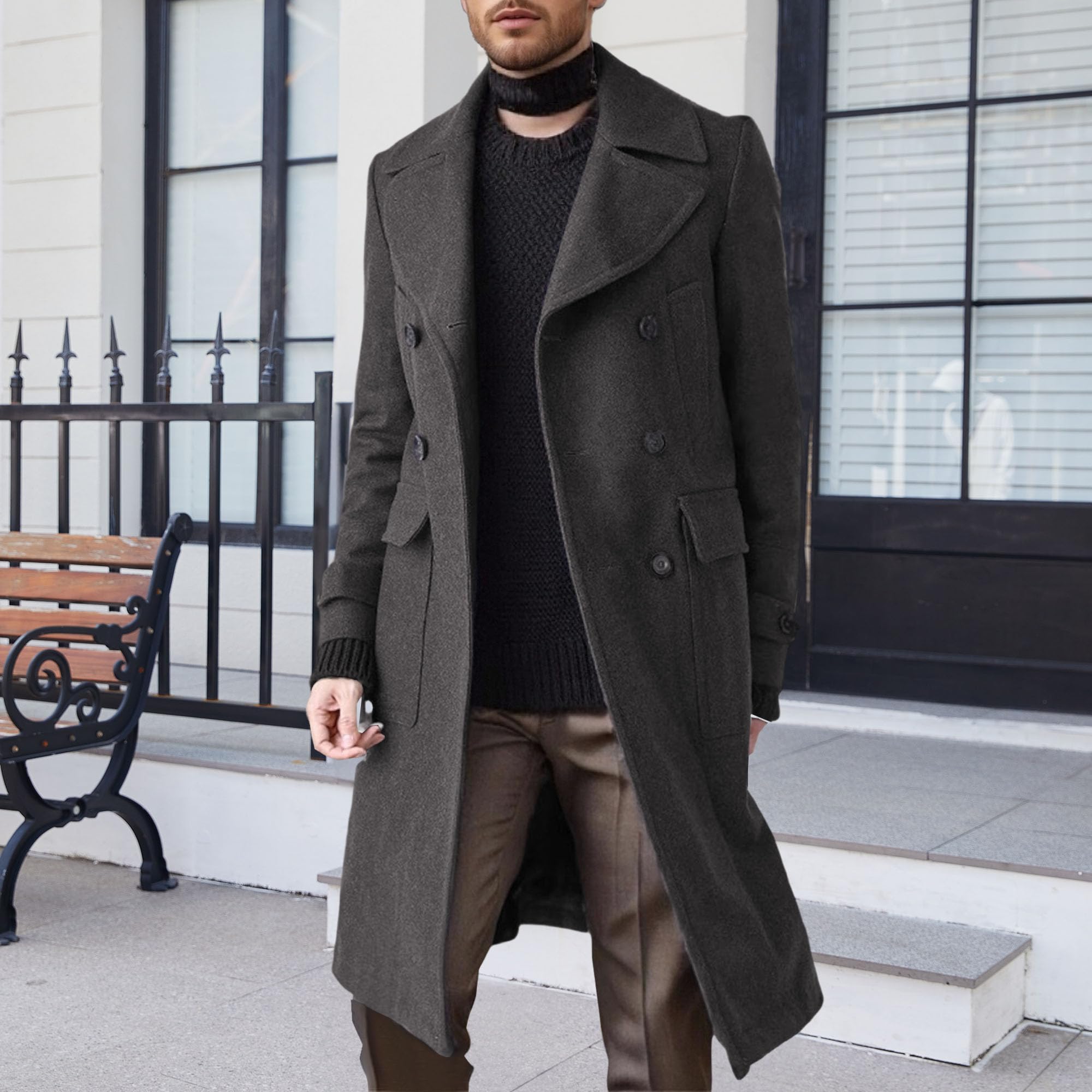 Trench da uomo con revers a lancia, doppiopetto, casual, lungo, soprabito, caldo, primaverile, invernale, giacca lunga
