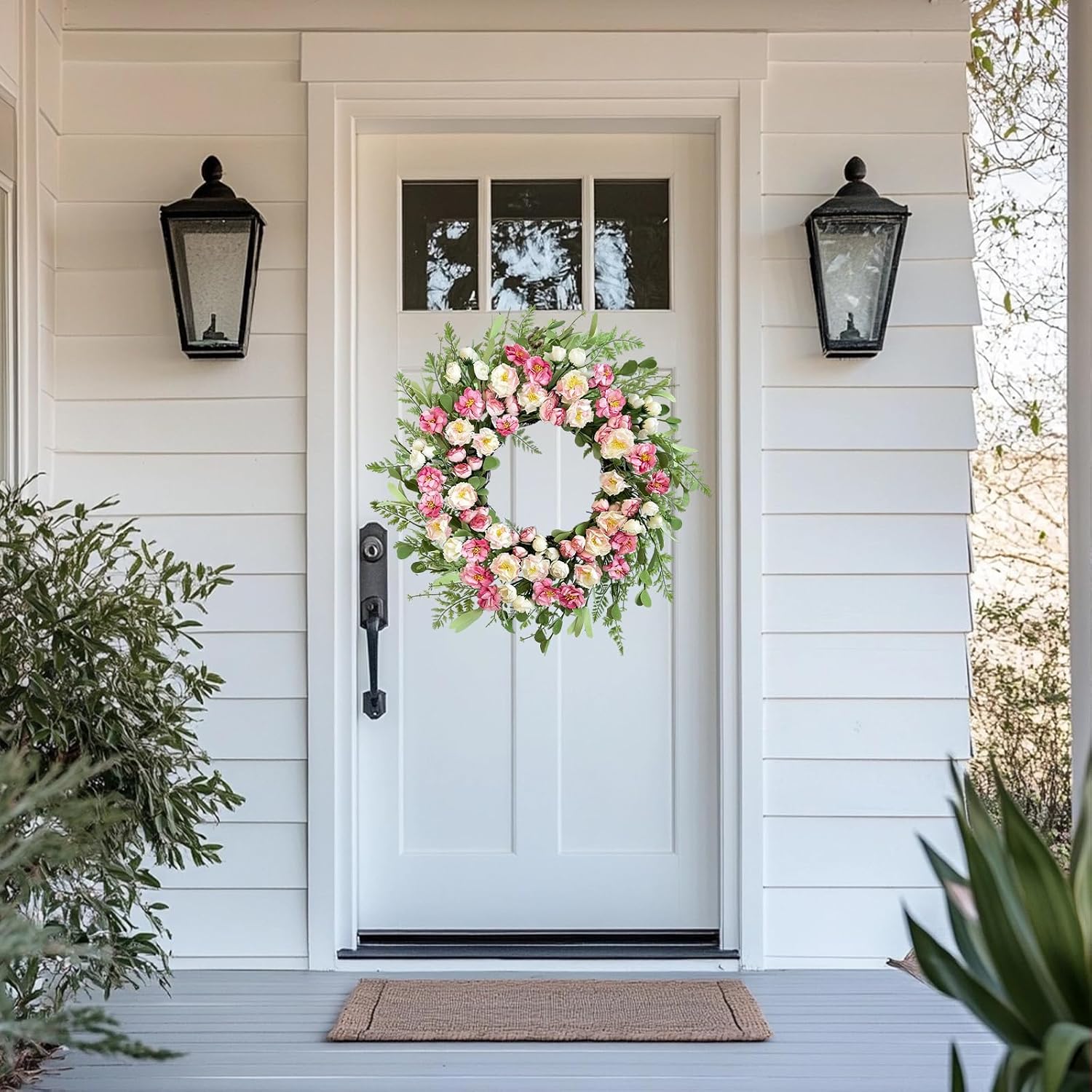 22 Inch White Pink Peony Spring Summer Wreath for Front Door, Handcrafted Wreaths Adorned with Camellia Boxwood, Spring Summer Farmhouse Flowers Door Wreath for Porch Window Wedding Party