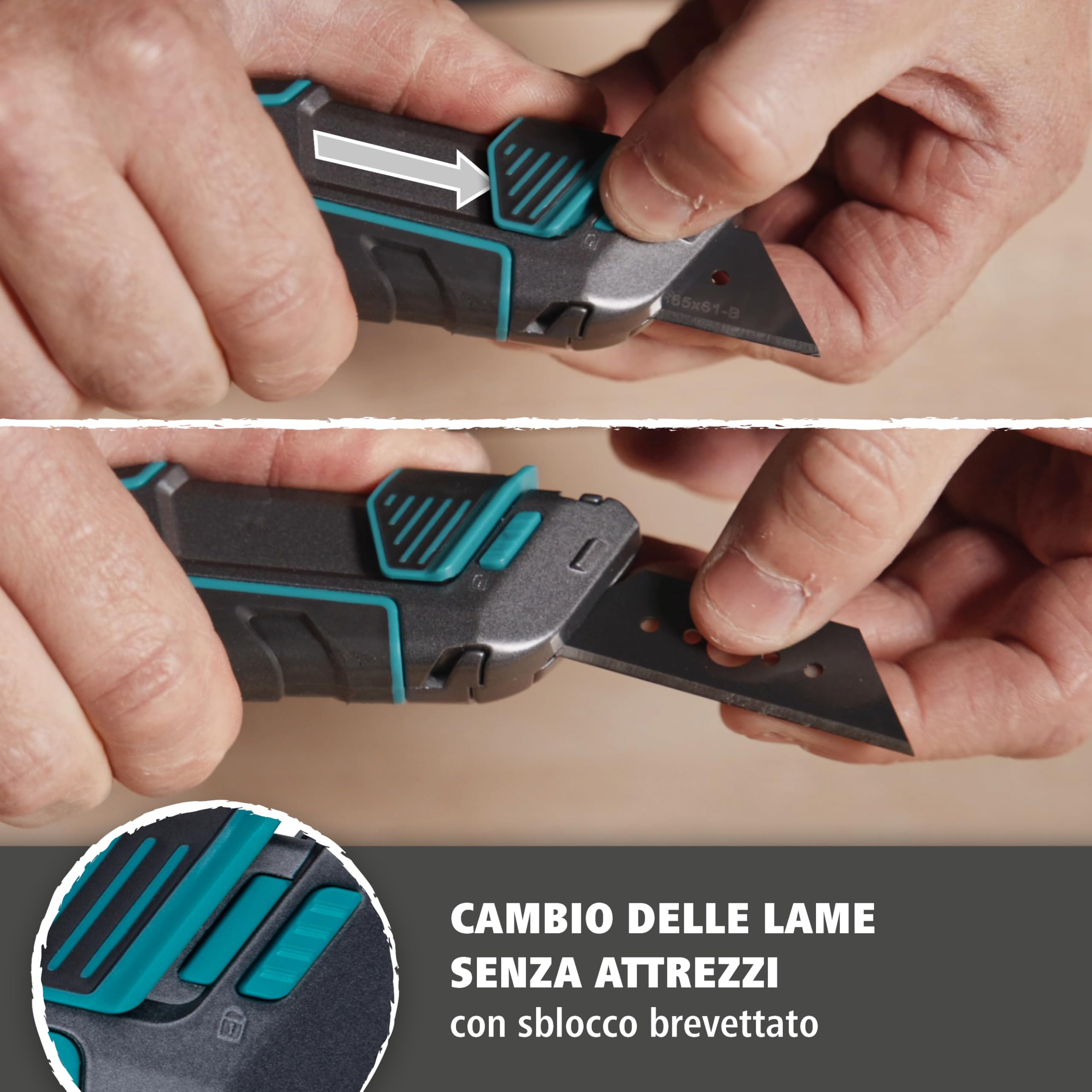 Cutter in plastica a lame trapezoidali con funzione di sicurezza | Cutter a lame trapezoidali | Cutter | Utensili manuali | Prodotti | Wolfcraft Site