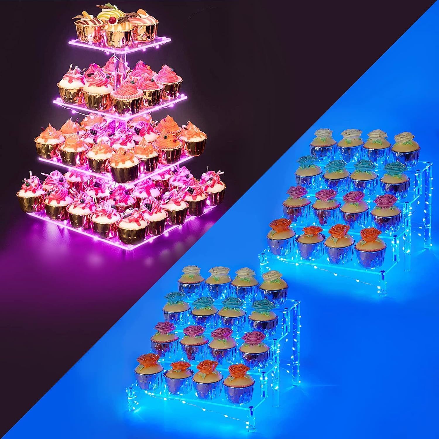4 Tier Acrylic Display Cupcake Stand for Pastry + LED Light String – Ideal for Weddings, Birthday (Pink Light)+4 Tier Shelf Cupcake Stand (2Pack - Blue Light)