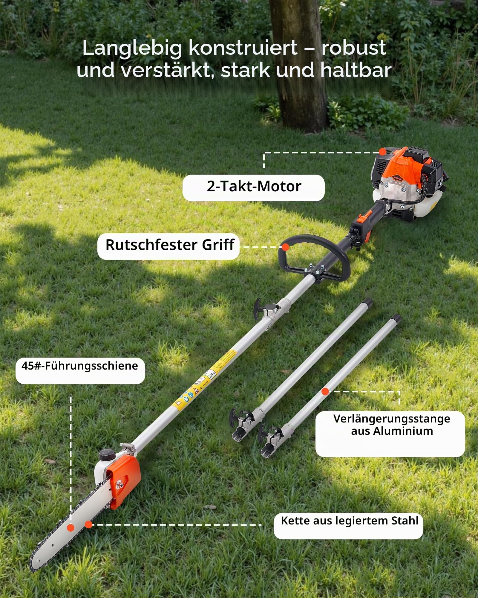 VEVOR Benzin-Hochentaster 25ccm 2-Takt, Motorsäge, Teleskopsäge mit 2,12–3,62 m ausziehbarer Stange, 30,5 cm Schwert, 650 ml Kraftstofftank, für ein kraftvolles Sägen in hohen Baumkronen
