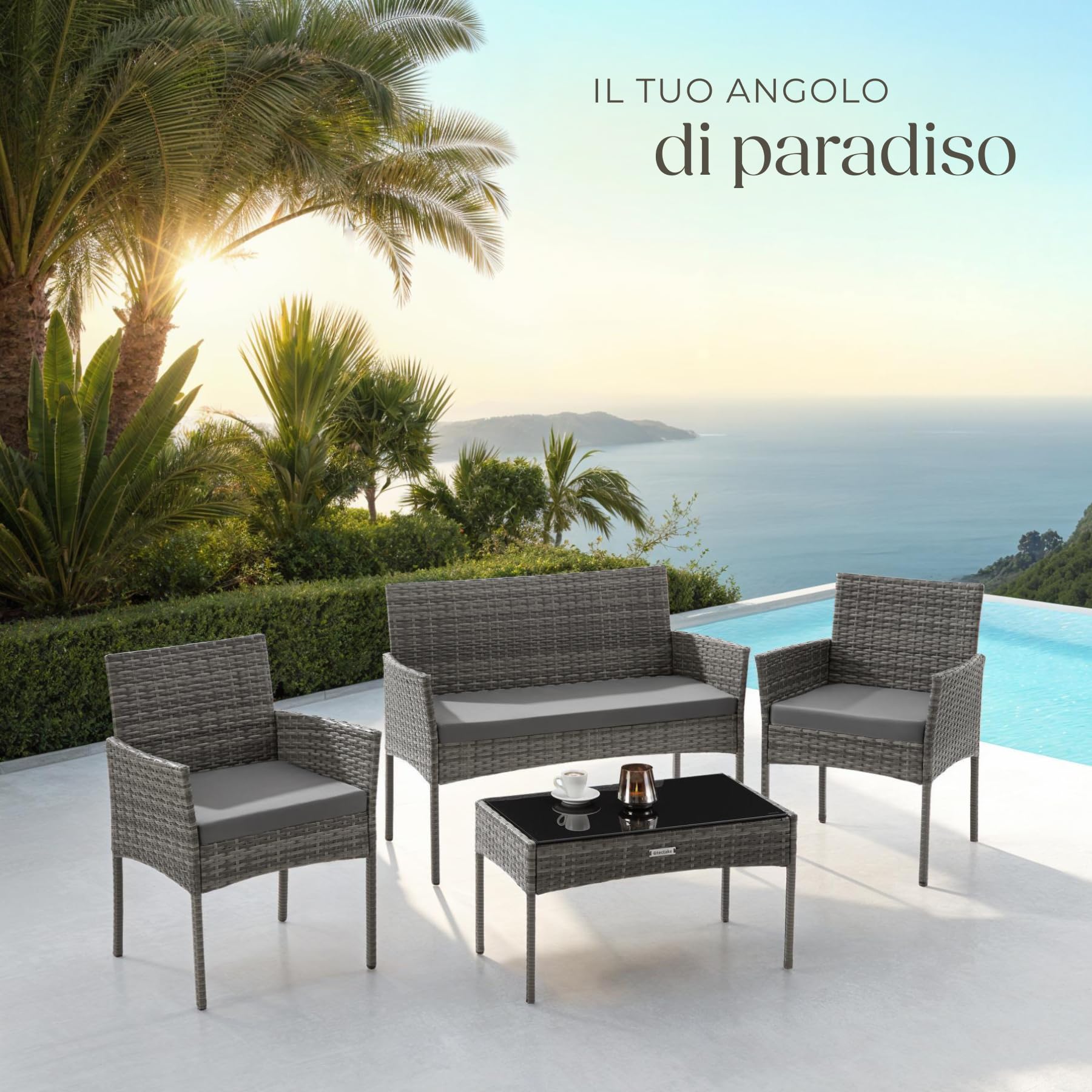 Tectake Set da Giardino in Rattan 4 Posti Polyrattan Resistente Cuscini Idrorepellenti Lavabili Tavolino Vetro di Sicurezza Grigio