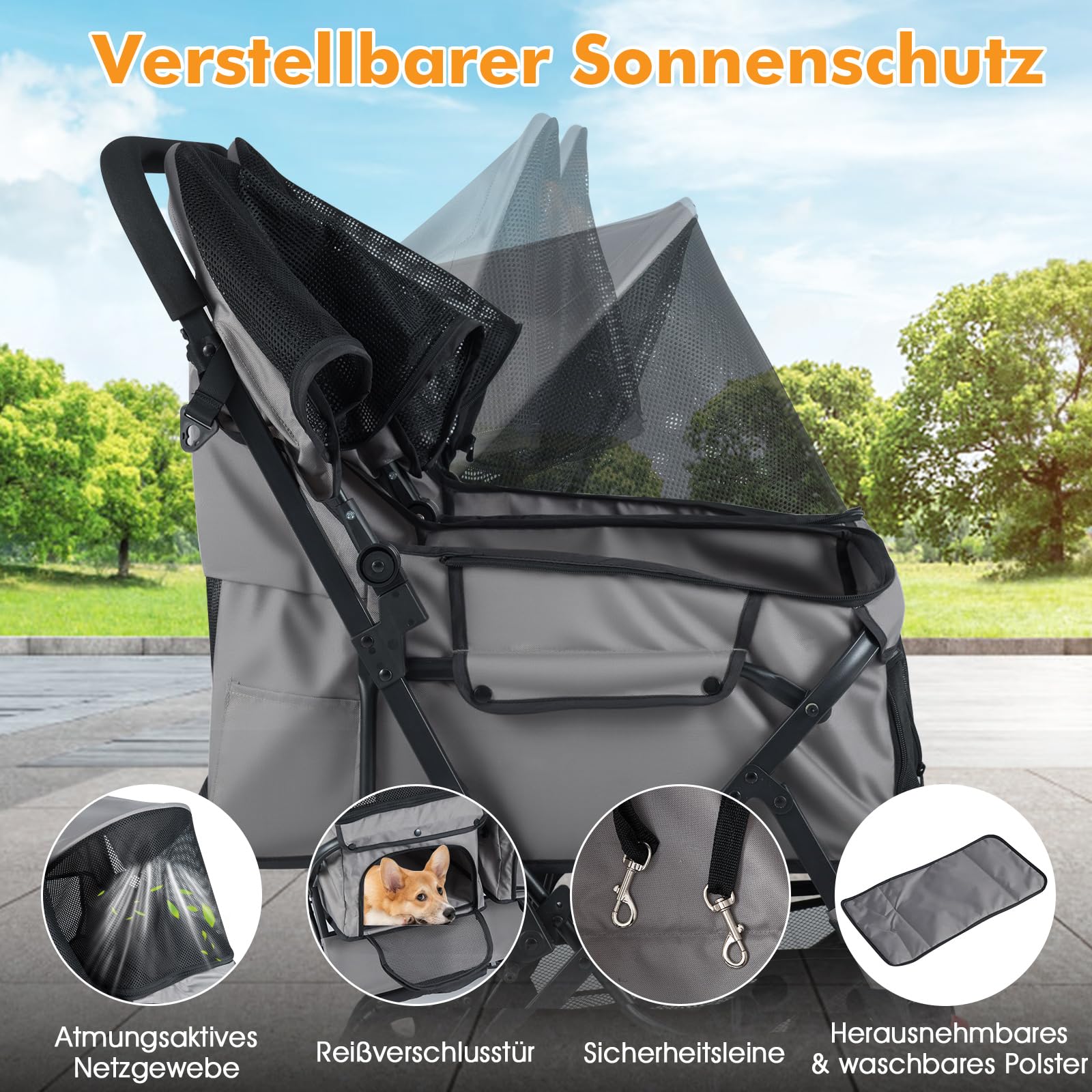 COSTWAY Hundewagen Doppel, Hundebuggy faltbar für 2 Hunde und Katzen, Haustier Kinderwagen mit verstellbarem Sonnendach, Korb & Polster, Hundebox Transporttasche klappbar, Zwillingsbuggy (Grau)