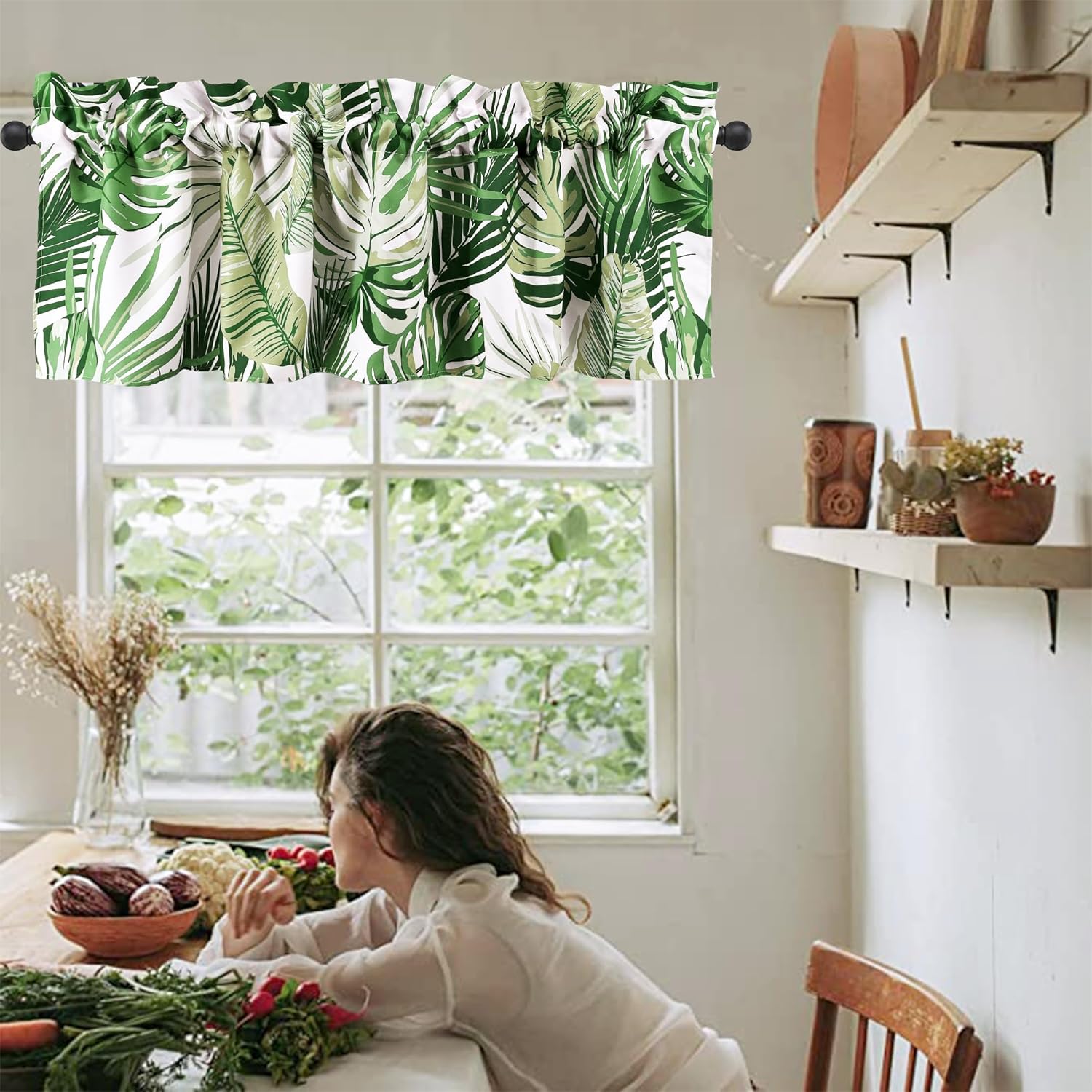 Green Tropical Leaves Kitchen Valances for Windows Botanical Pattern Rod Pocket Summer Short Curtain for Kitchen/Living Room, 52"x18", 2 Pieces