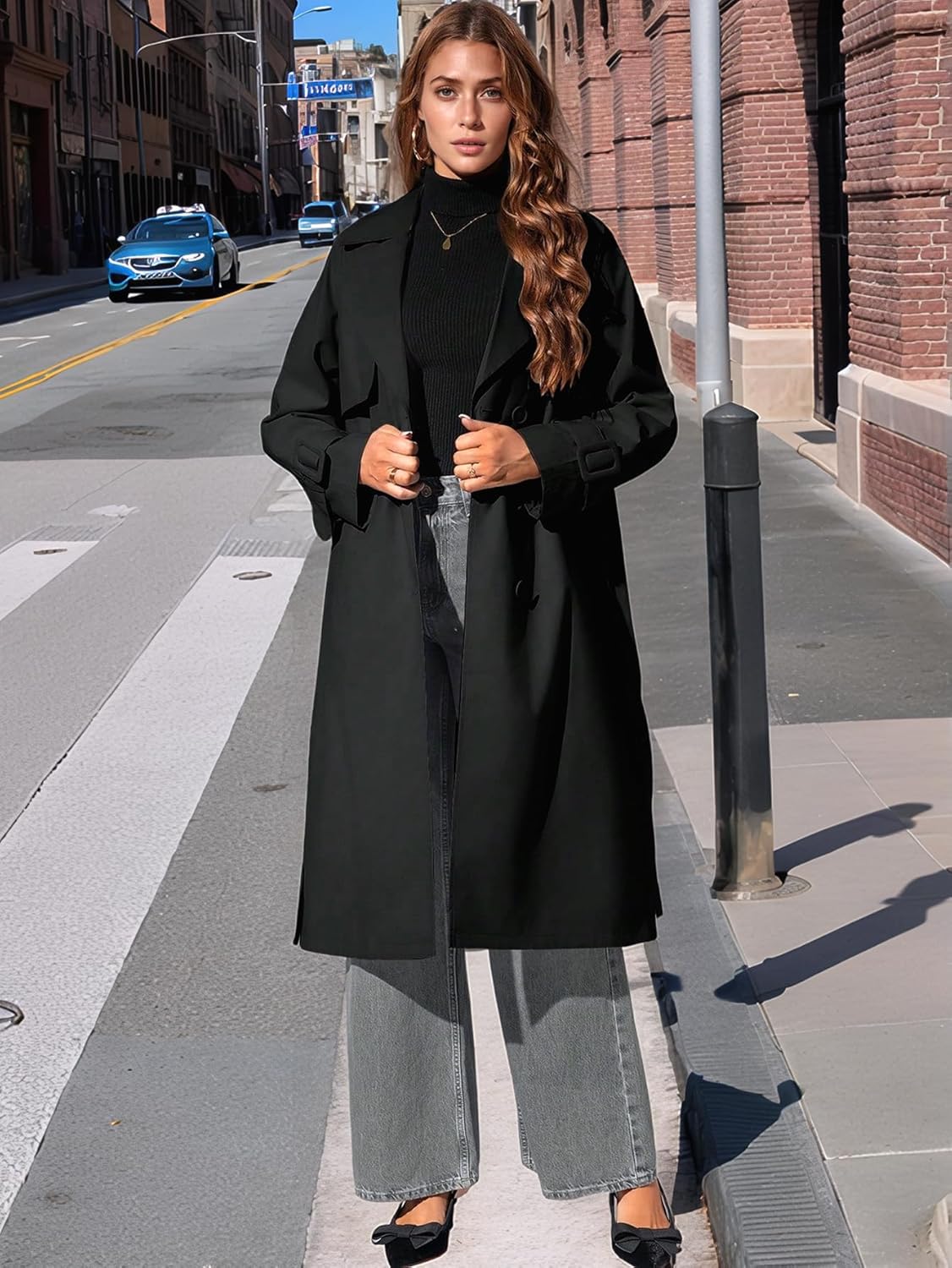 Women's Trench Coat Long Double-Breasted Belted Lapel Overcoat Lightweight Casual Windproof Spring Fall Jacket Black X-Large
