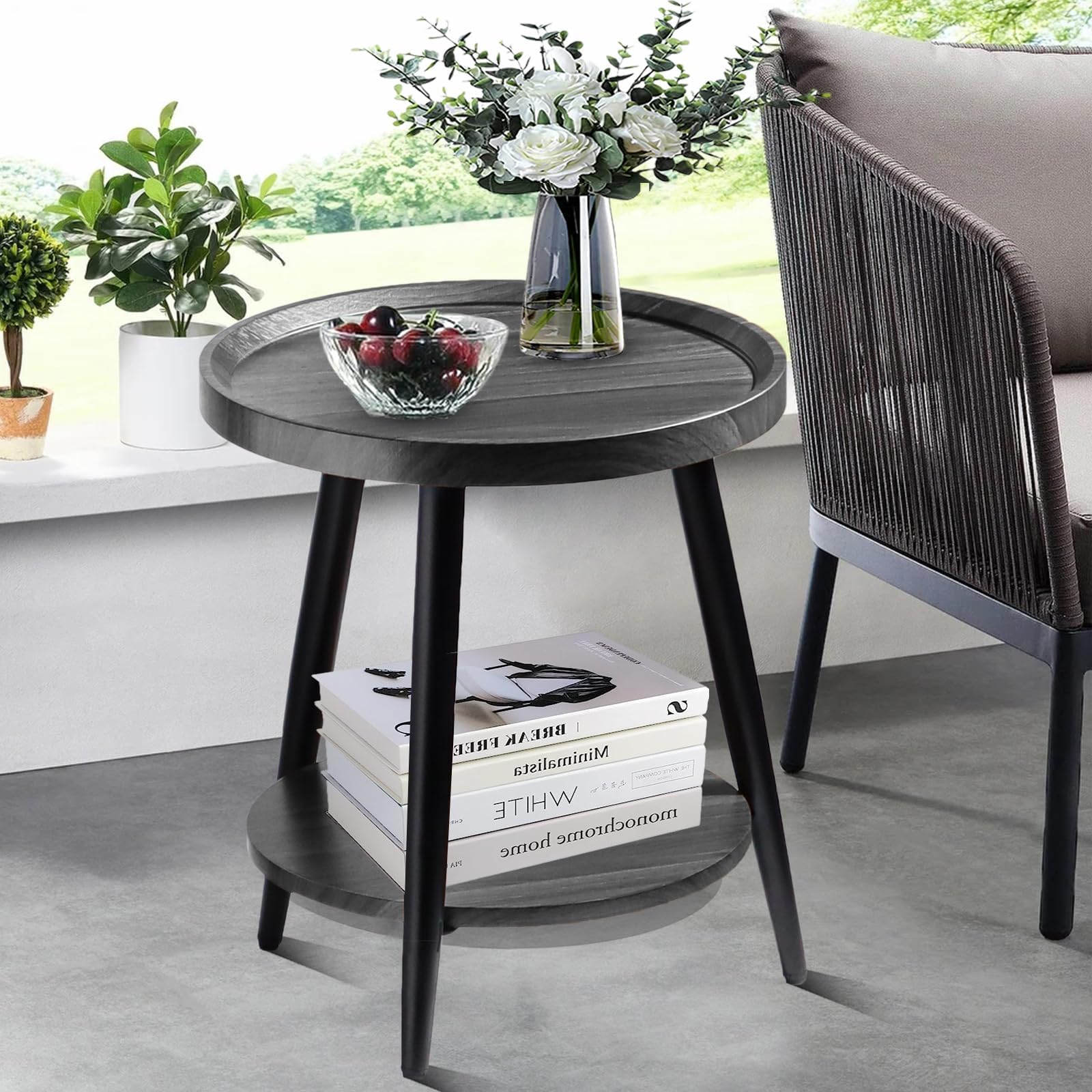 Small Round Side Table, 2-Tier Side Tables for Living Room, Mid Century Modern Side Table, Round End Table for Small Space, Grey