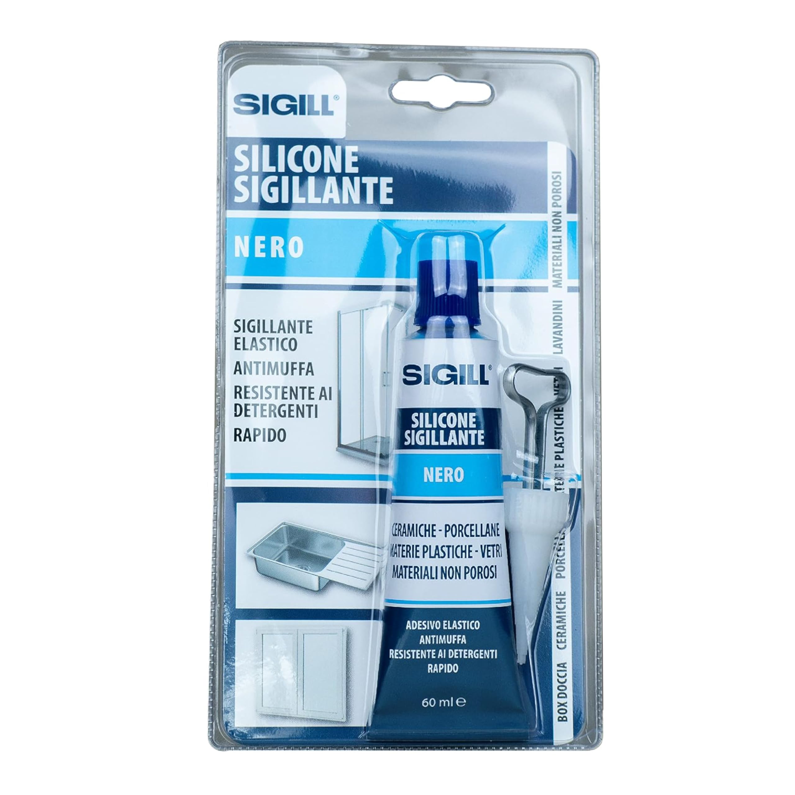 SIGILL, Silicone Sigillante con Chiavetta Stringi Tubetto e Beccuccio Dosatore, Resistente alle Muffe e ai Detergenti, Rapido, Elastico e Forte, Colore Nero, Tubetto da 60 ml