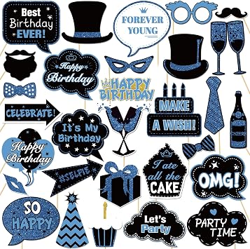 30 Pcs Blue Boys Men Birthday Photo Booth Props Kit, Happy Birthday Party Decorations Camera Props Baby Shower Photography Supplies