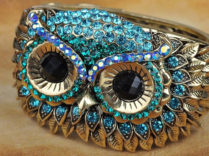 Alilang Owl Face Bracelet Antique Bird Crystal Rhinestone Costume Cuff Bangle