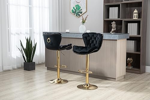 Miniatura 5 de Taburetes de bar giratorios de terciopelo negro, juego de 2 sillas de bar modernas ajustables de altura de mostrador, taburetes de bar de altura