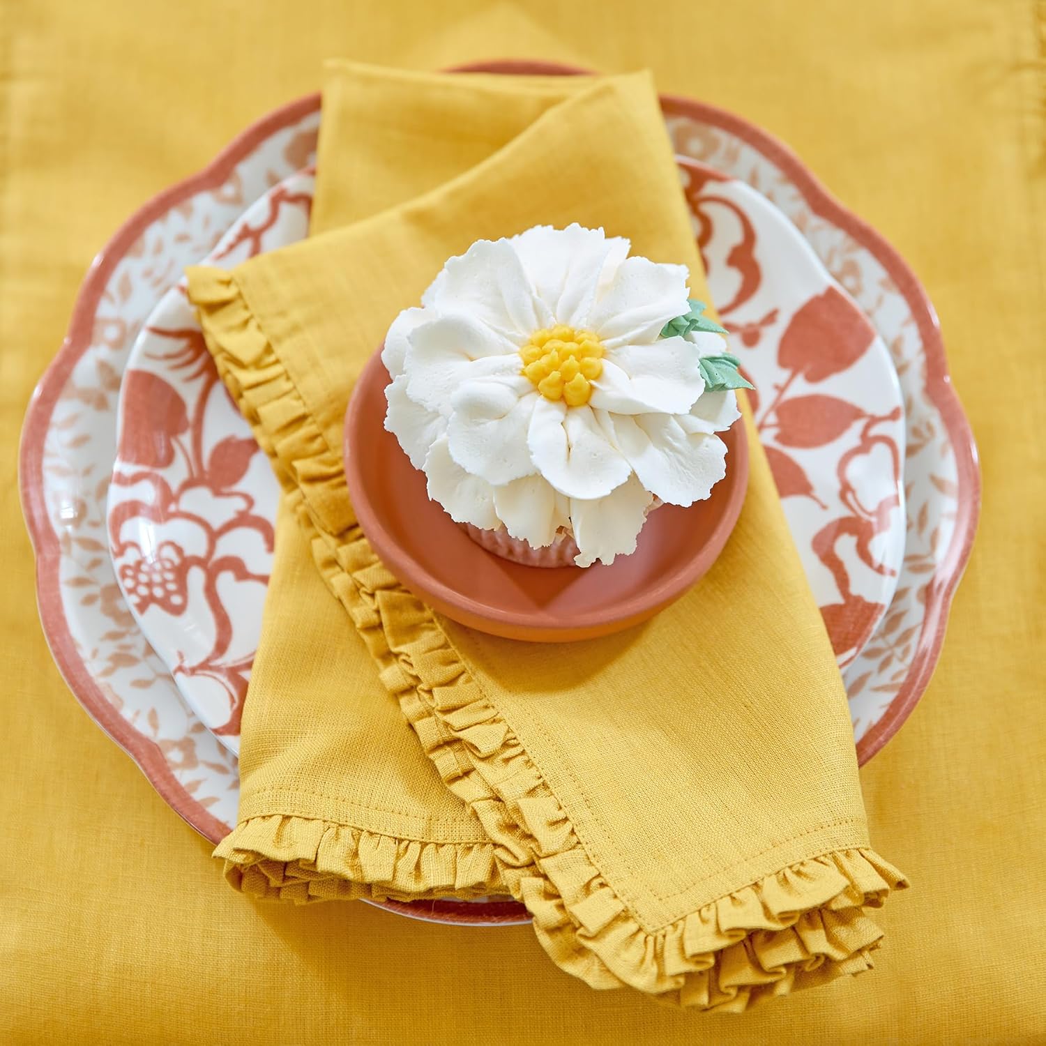 Solino Home Mustard Yellow Linen Dinner Napkins 20 x 20 Inch - 100% Pure Linen Juliette Ruffle Cloth Napkins Set of 4 for Spring, Summer, Mothers Day - Handcrafted and Machine Washable