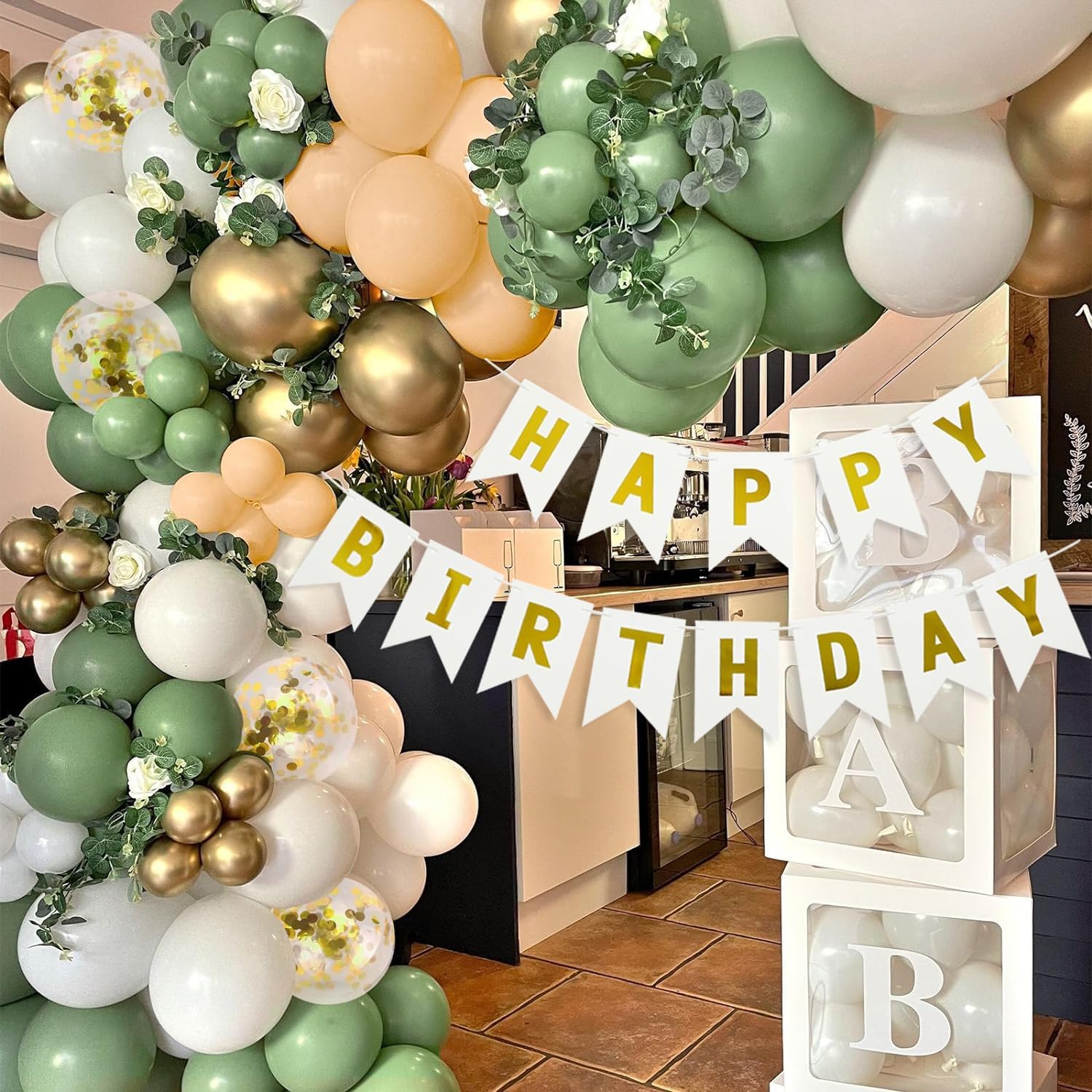 Sage Green 13th Birthday Decorations, 13th Birthday Decorations for Girls, 5 colors Ballon Arch, 3D Butterfly, Artificial Leaves, Megali Vines, Gold Candle, Cake Topper, Crown, Bear and “13” Balloon image 3