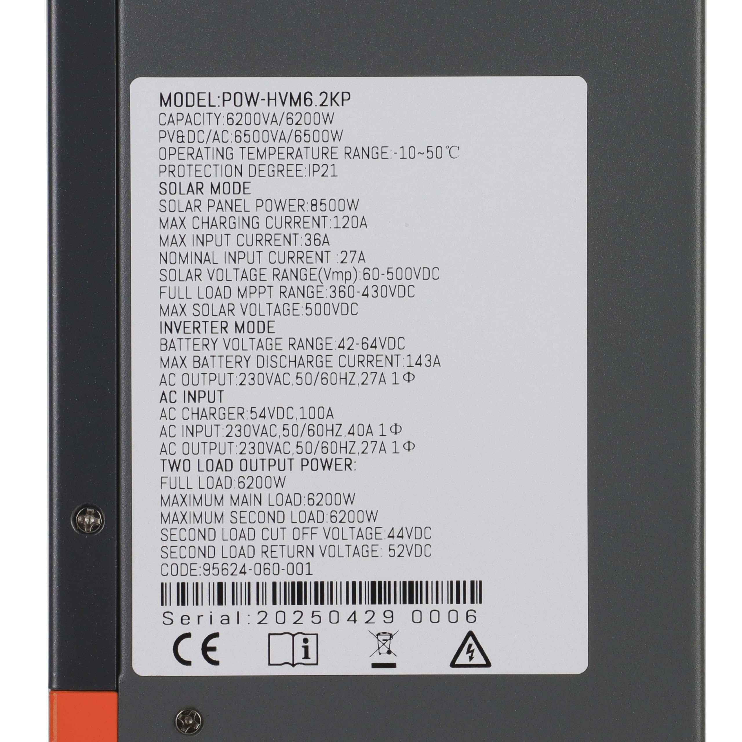 Onduleur Photovoltaïque 6,2 Kw (Pv60-500vdc) + Télécommande App, Onduleur Solaire Hybride - Prise En Charge Parallèle (Triphasé), Chargeur Mppt 48 V à 220/230 V + 120 A,Grey