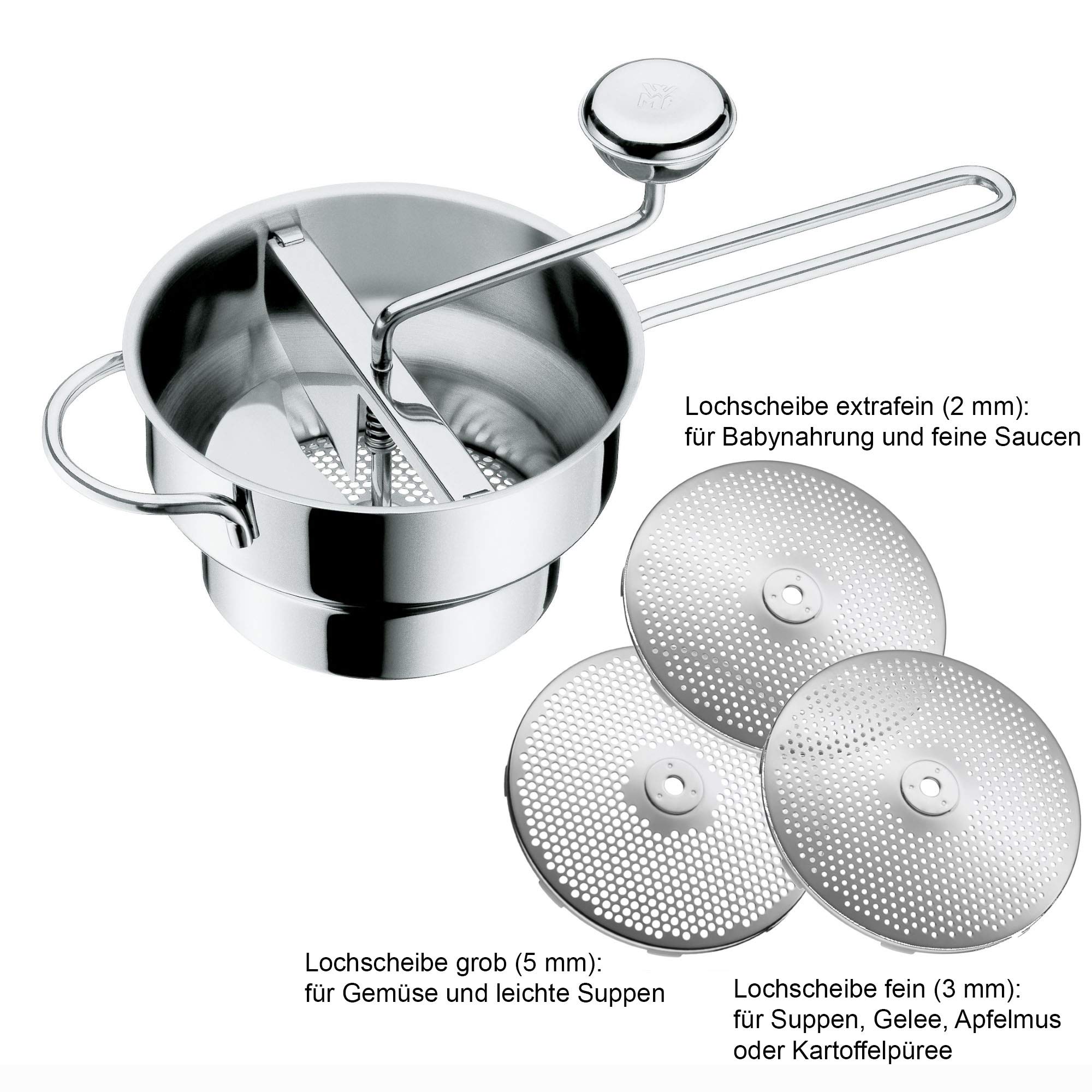 WMF Gourmet Passiermühle mit 3 Lochscheiben, 19 x 11,5 cm, Cromargan Edelstahl poliert, zerlegbar & Spätzle-Profi 35 x 14 cm, Spätzlereibe mit Teigschaber, Spätzlehobel, Cromargan Edelstahl