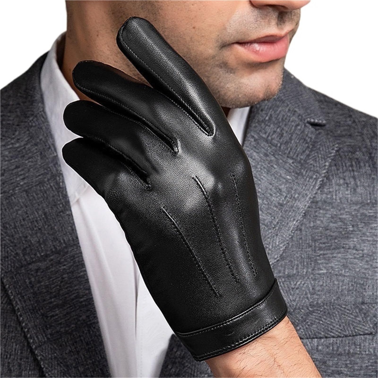Guanti da guida in pelle Guanti in pelle invernali neri da motociclista, guida, lavoro, for uomo, con protezione al tocco, dita intere