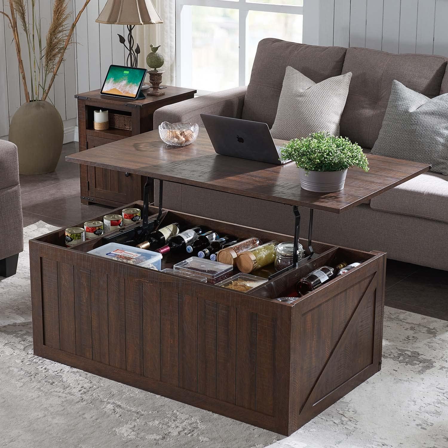 48” Lift Top Coffee Table with Storage & Sliding Groove Barn Door, Farmhouse Coffee Table Rustic Wood Cocktail Table w/Double Storage Spaces for Living Room, Brown