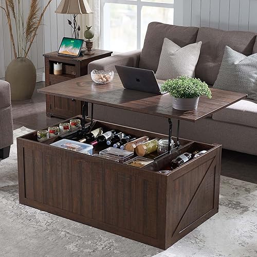 48” Lift Top Coffee Table with Storage & Sliding Groove Barn Door, Farmhouse Coffee Table Rustic Wood Cocktail Table w/Double Storage Spaces for Living Room, Brown