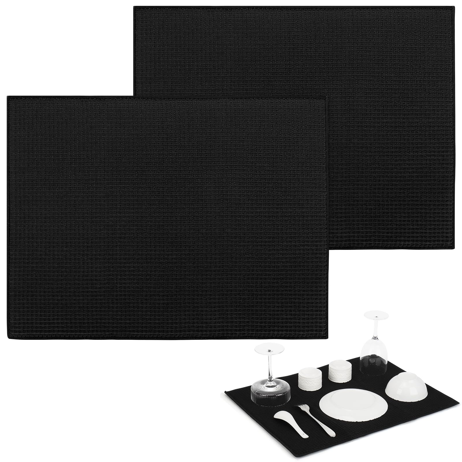 Dish Drying Mat 2 Pack, Microfiber Quick-Drying Drying Mat for Kitchen Counter, Dish Sink Drainer Mats, 51 x 38 cm, Machine Washable (Black)