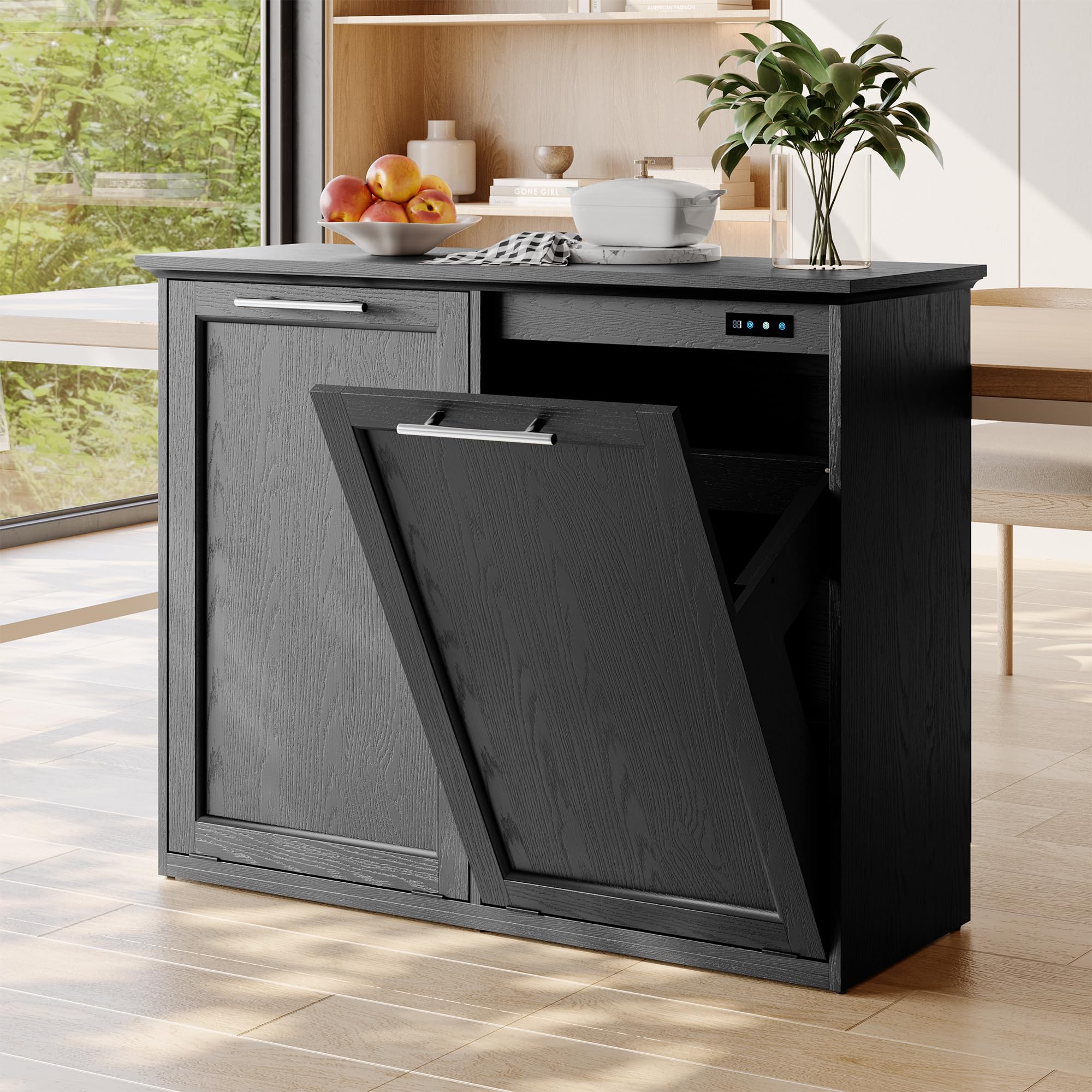 Tilt Out Trash Cabinet with Quick Installation and Deodorising Function, Wooden Trash Can Cabinet for Dining Room and Kitchen, Black