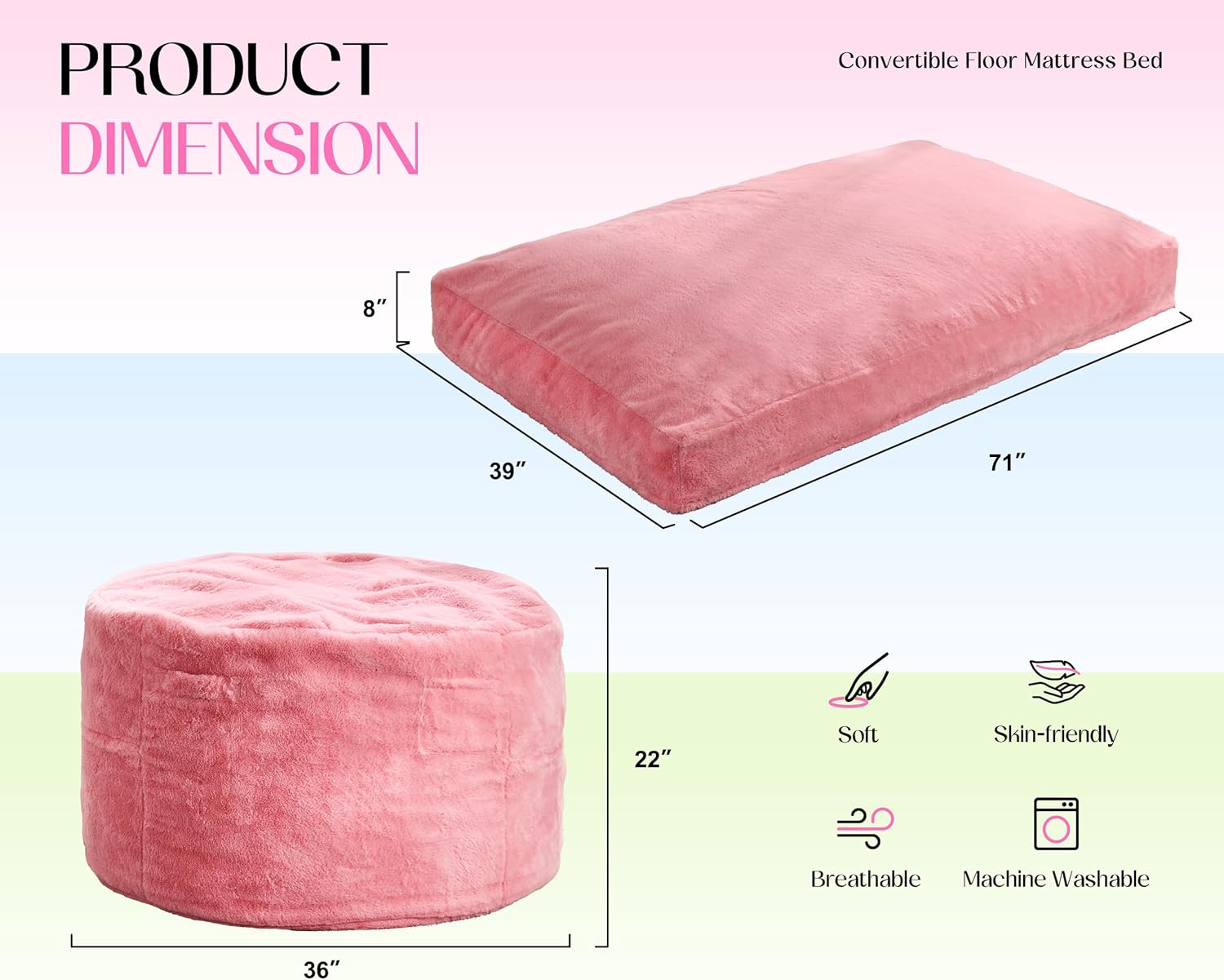 hobestluk bean bag chair convertible beanbag chairs for adults, 3 in 1 bean bag with plush faux fur cover, adult bean bag chair for living room, bedroom (pink, twin) pale pink twin