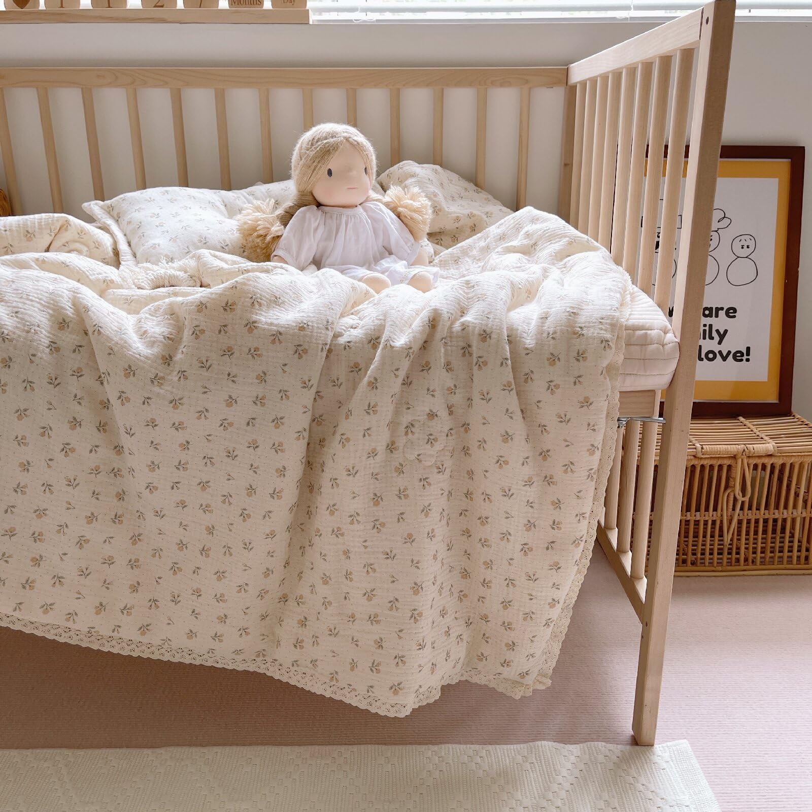 BuLuTu Kids Toddler Comforter Quilted 100% Cotton Toddler Blanket Vintage Floral Print Muslin Quilt for Child Teens Girls Boys, Soft Breathable, Sprout Pattern, 47x59 Inches