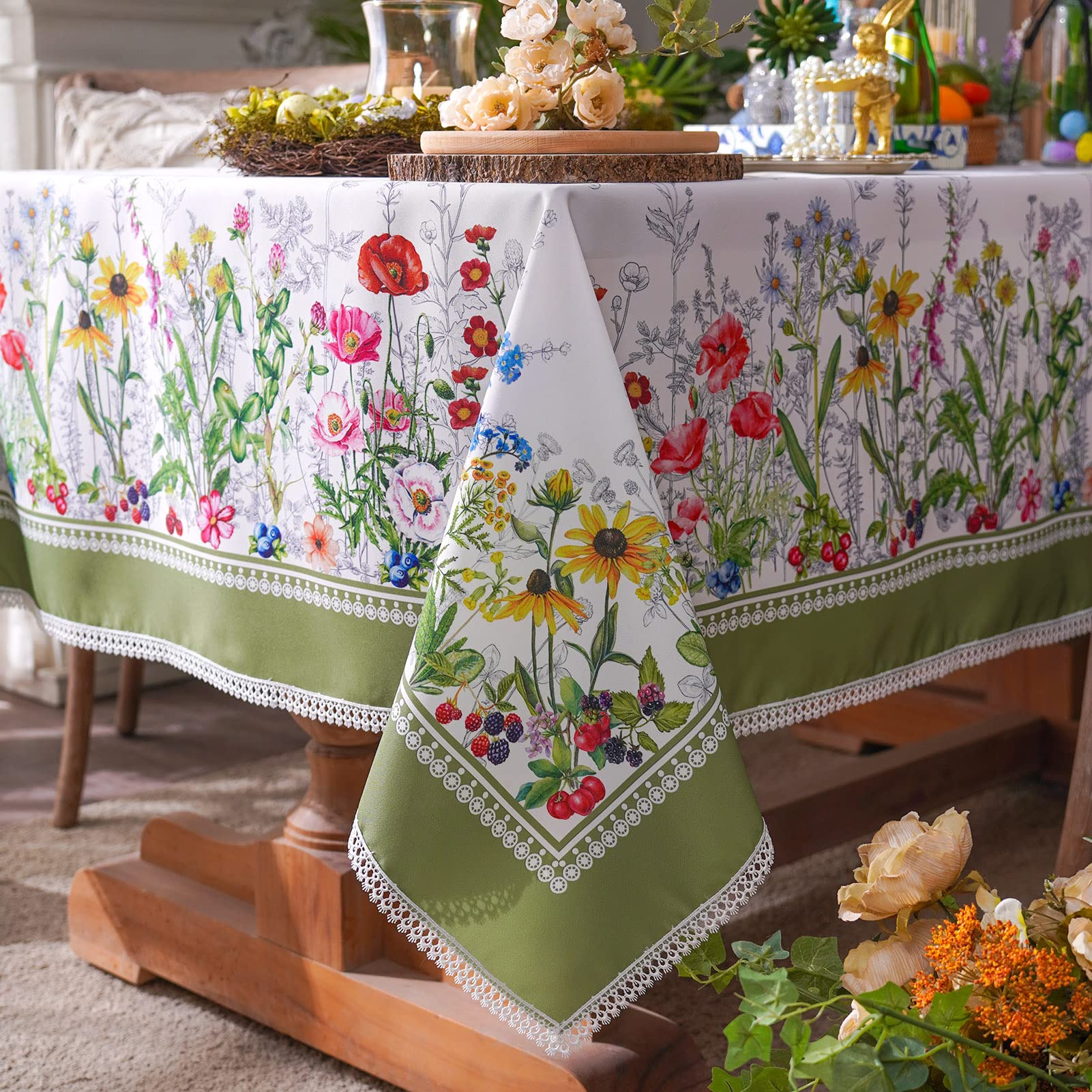 SUTAVIA Mantel Floral de Mariposa, Girasol, Tela Impermeable con Encaje Bordado, Resistente a Las Manchas, decoración para Primavera, Verano, hogar, Comedor, Interior, Exterior, Boda, Picnic