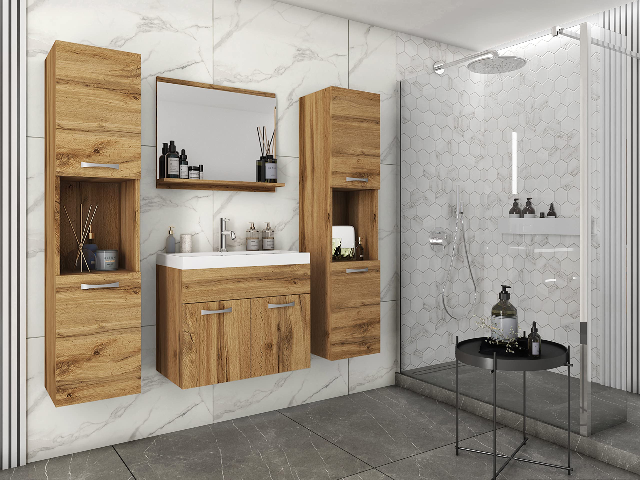 MINIO go for it - Badmöbel 4-Teilig Set Monal, Spiegel mit Regal | Schrank mit Waschbecken Laminierte Spannplatte Griffe und Beschläge aus Metall Wotan Eiche
